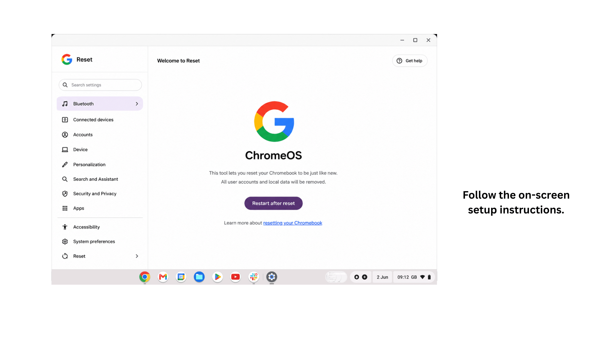 chromebook setup and welcome screen displayed after successfully completing factory reset