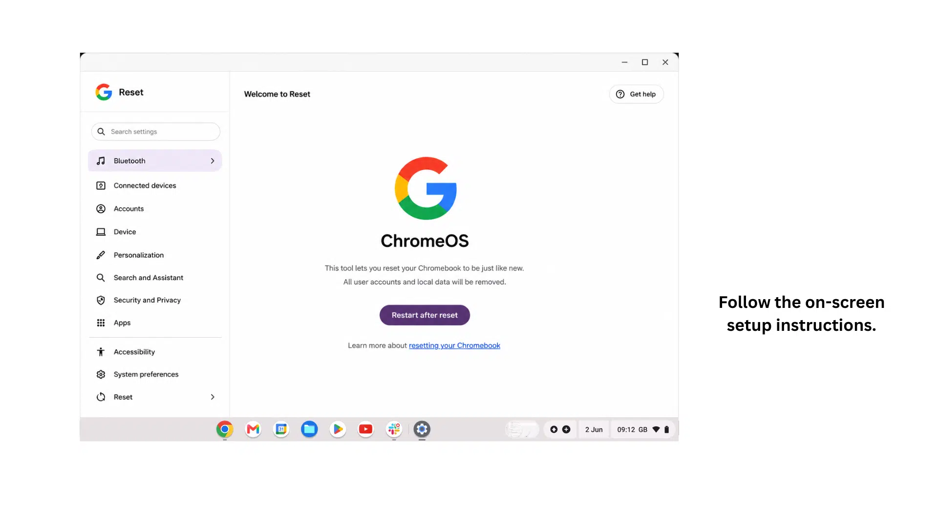 chromebook setup and welcome screen displayed after successfully completing factory reset