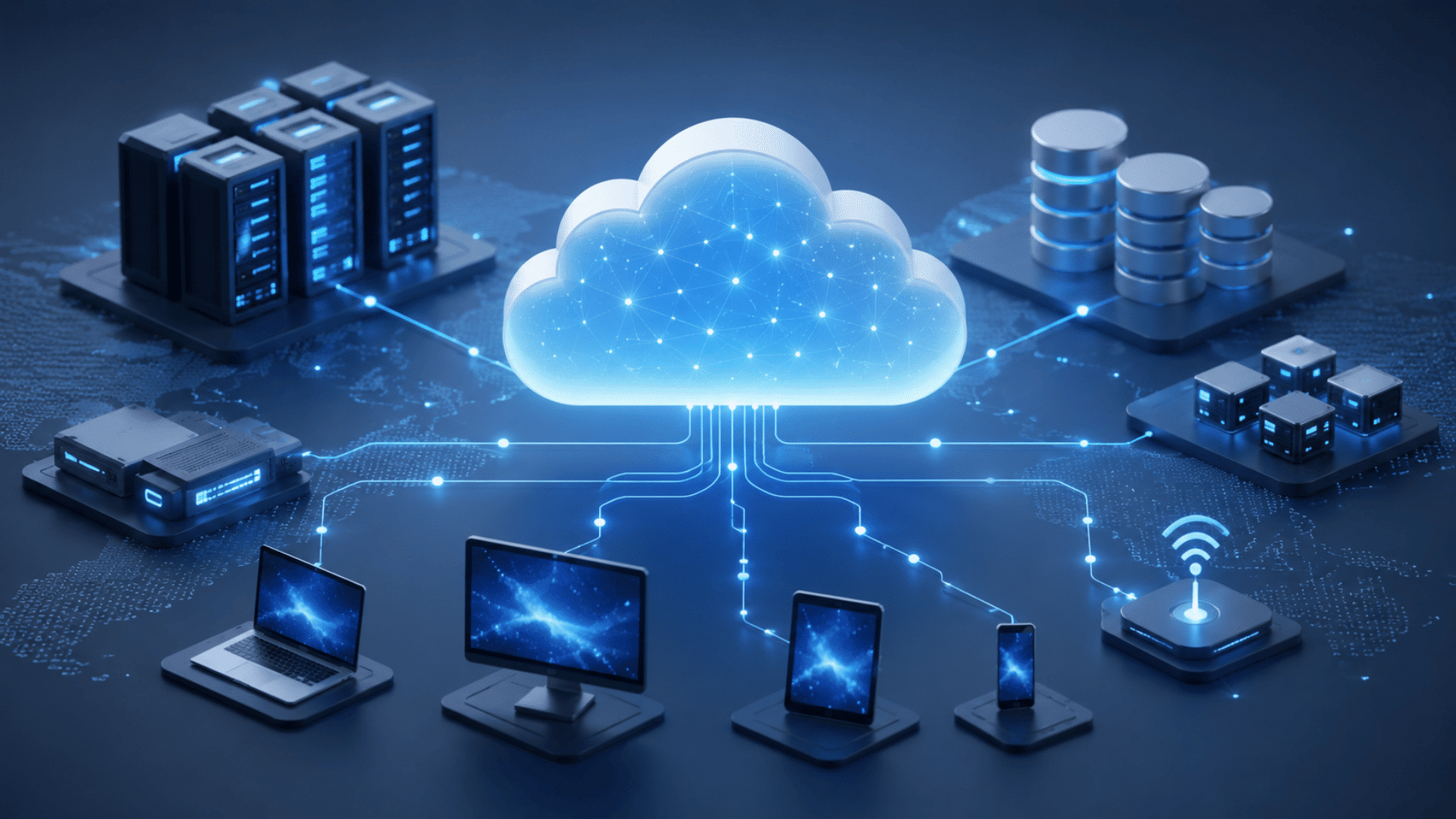 cloud computing system with central cloud connected to servers databases computers phone and wireless network