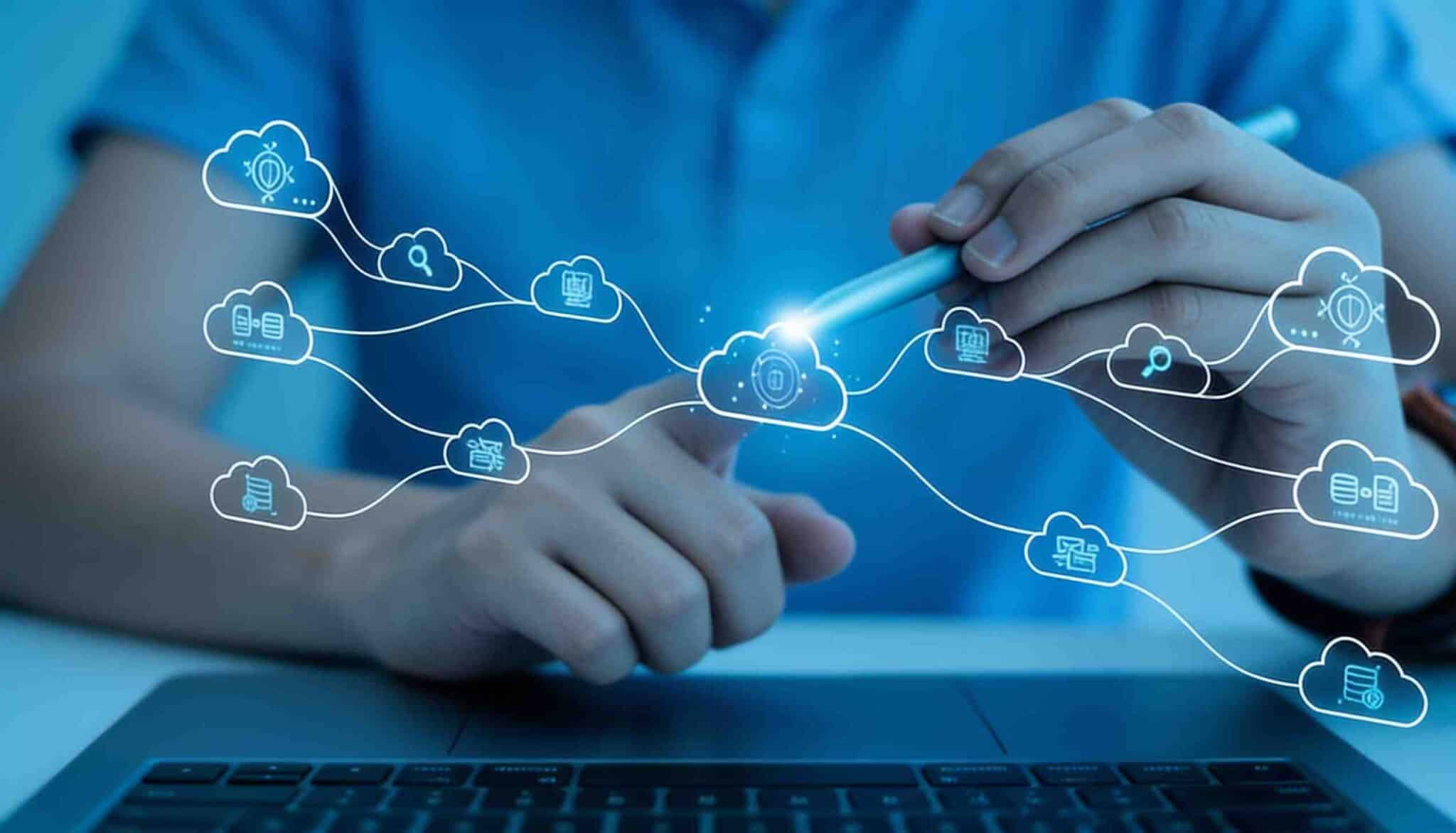 Professional using a digital pen to manage interconnected cloud computing services, security tools, data storage, and online applications through a cloud-based network.
