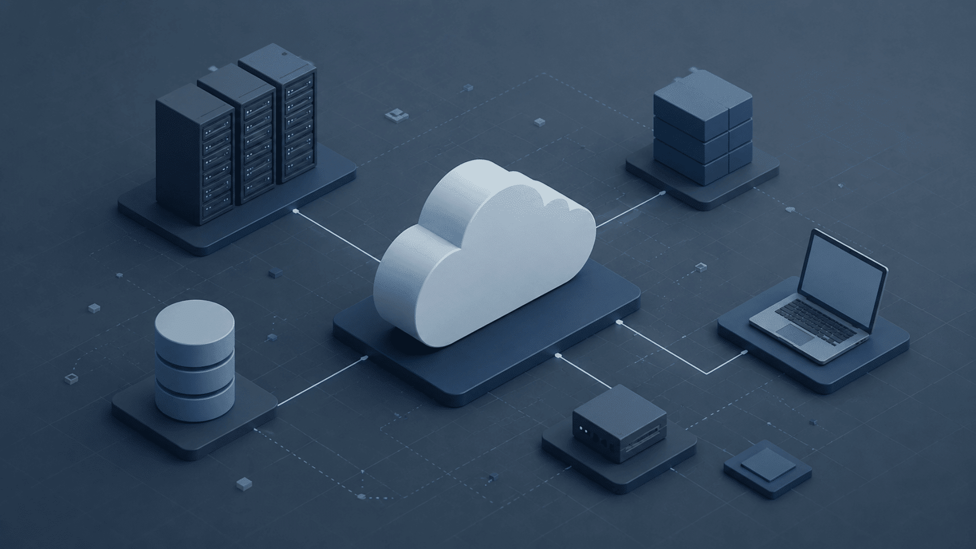 cloud infrastructure illustration with connected servers database laptop and central cloud network in blue tones