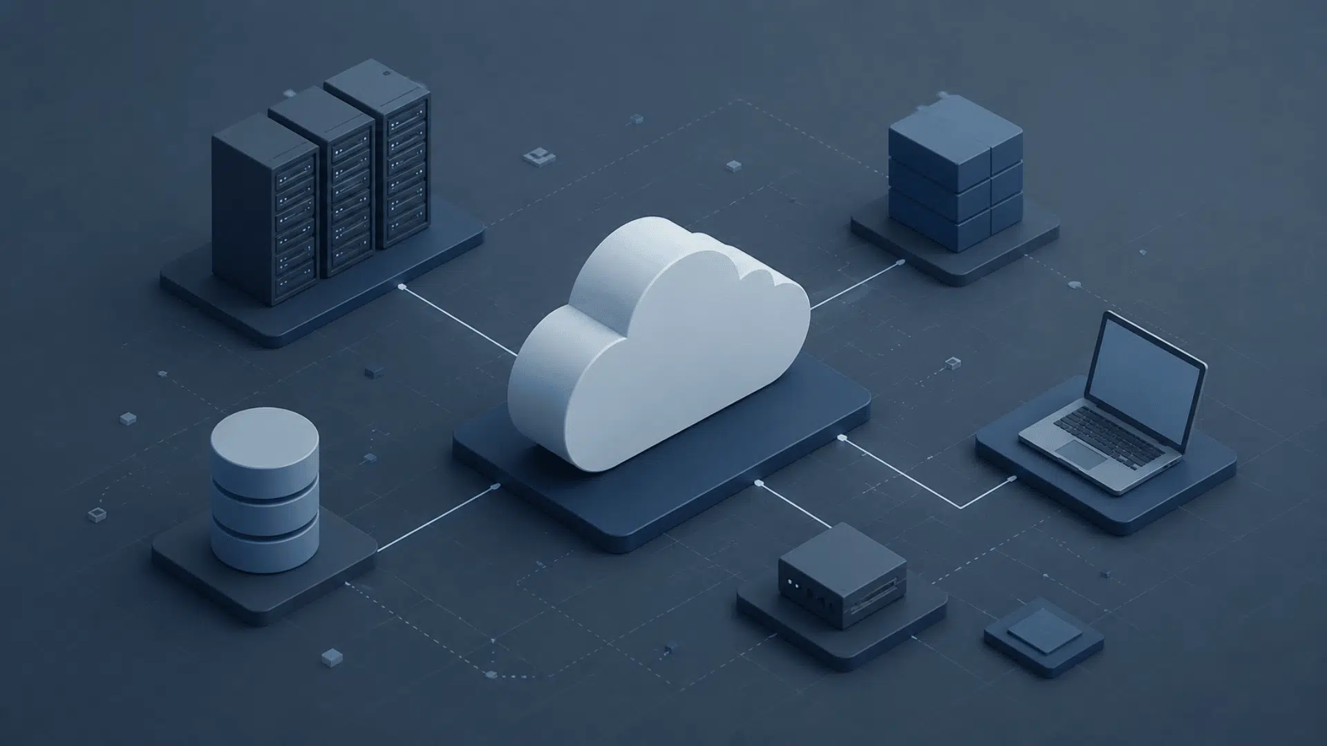 cloud infrastructure illustration with connected servers database laptop and central cloud network in blue tones