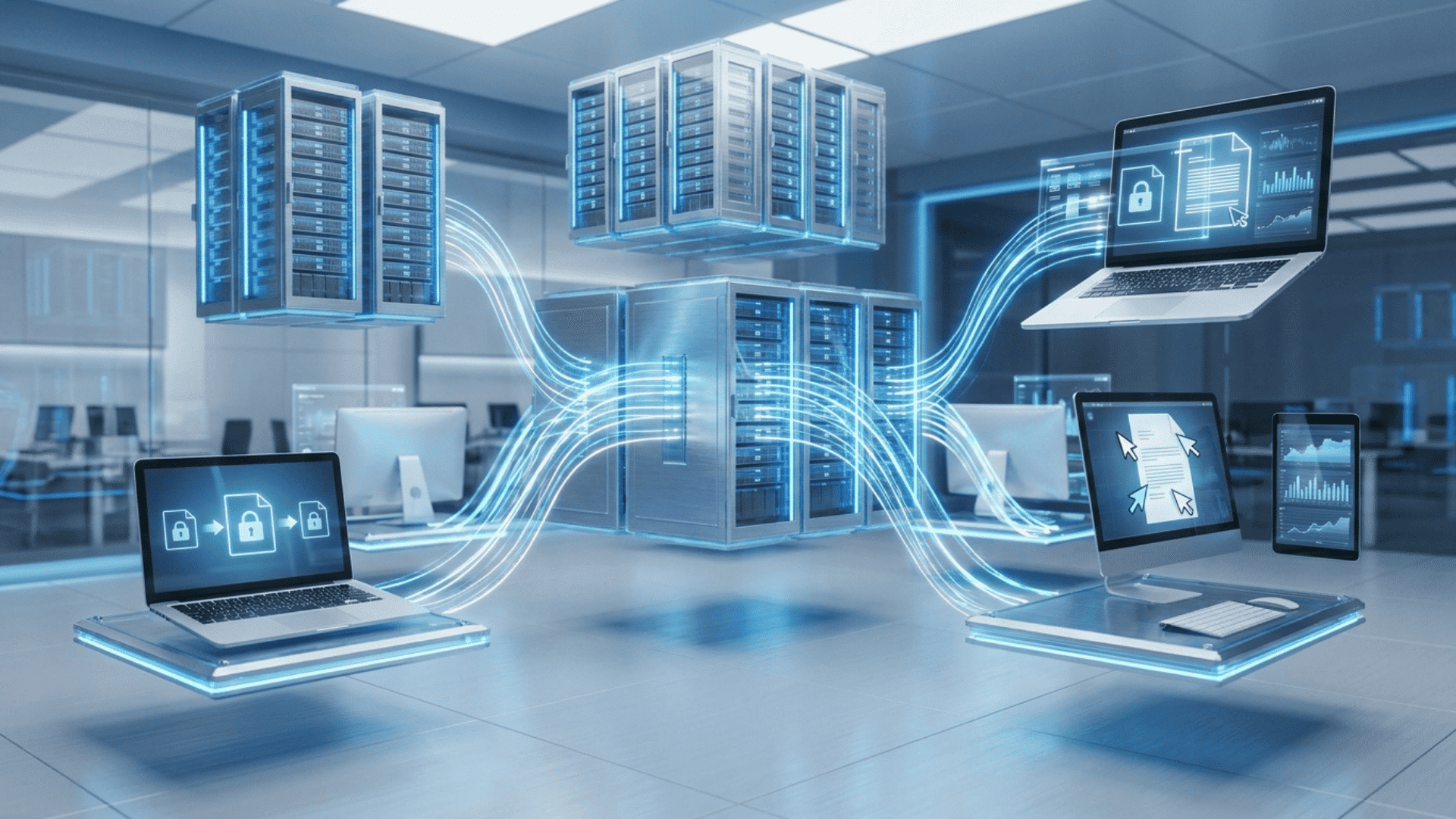 cloud servers connected to laptops desktop and tablet with secure file sharing and encrypted data transfer