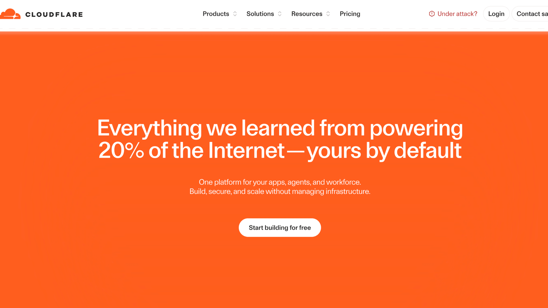 cloudflare homepage with orange banner promoting internet infrastructure platform and start building for free
