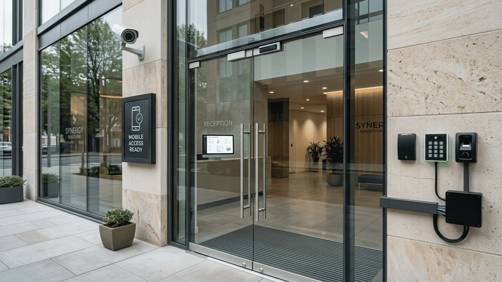 commercial office entrance showing access control readers mobile credentials and secure entry points for businesses
