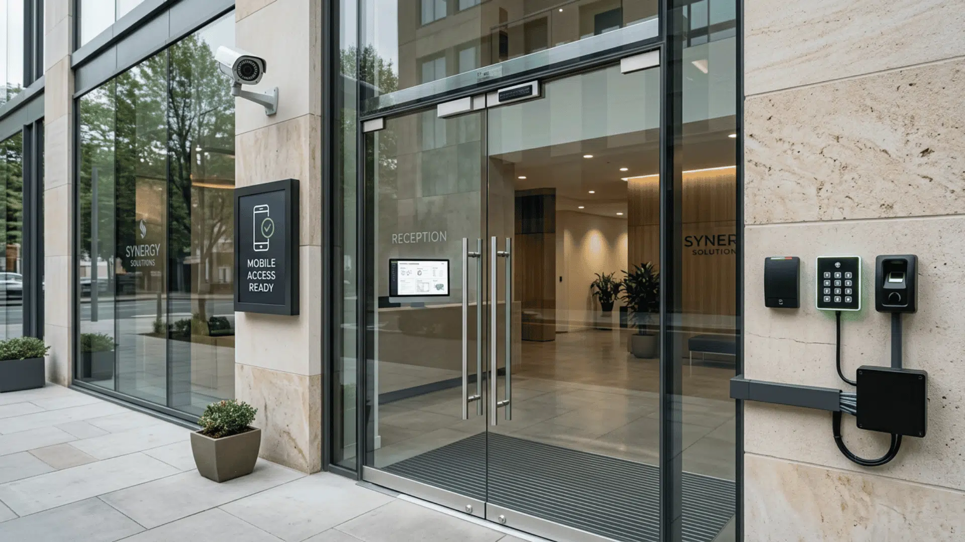 commercial office entrance showing access control readers mobile credentials and secure entry points for businesses