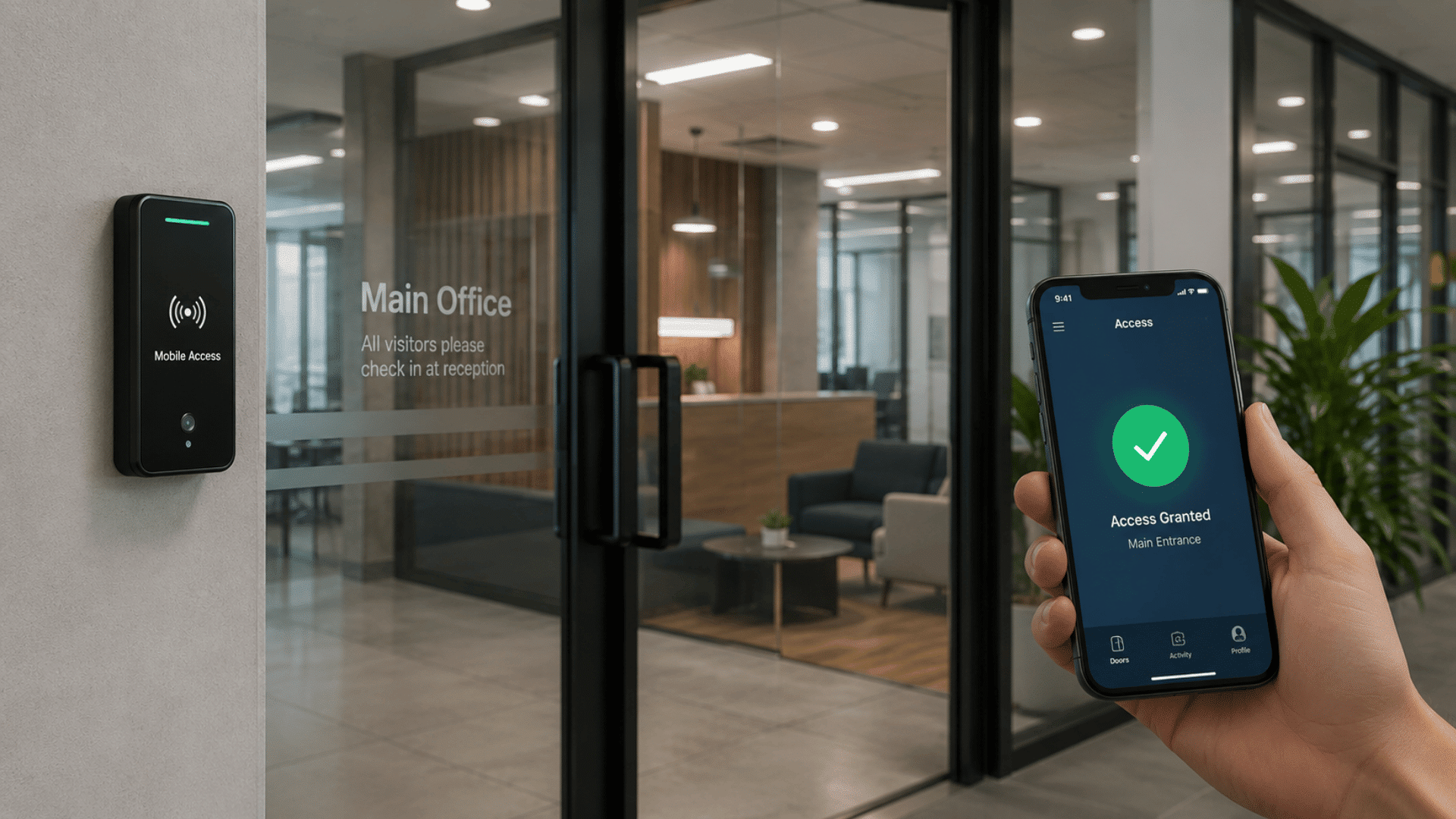 commercial office entrance using smartphone based access system with mobile enabled door reader