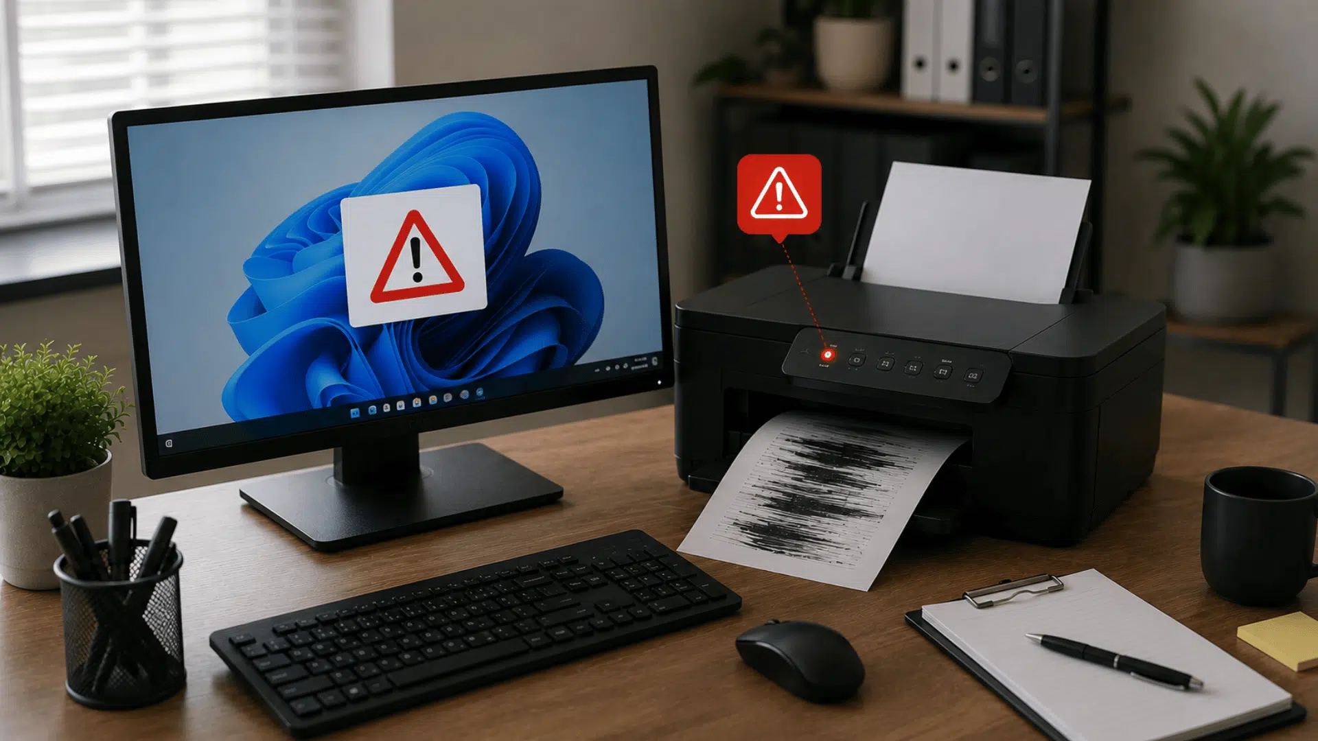 computer and printer on a desk with a misprinted page showing printer malfunction and printing issues