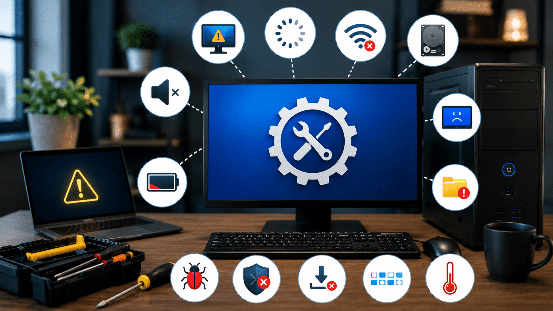 computer troubleshooting workspace with repair tools and icons representing common hardware software and network issues