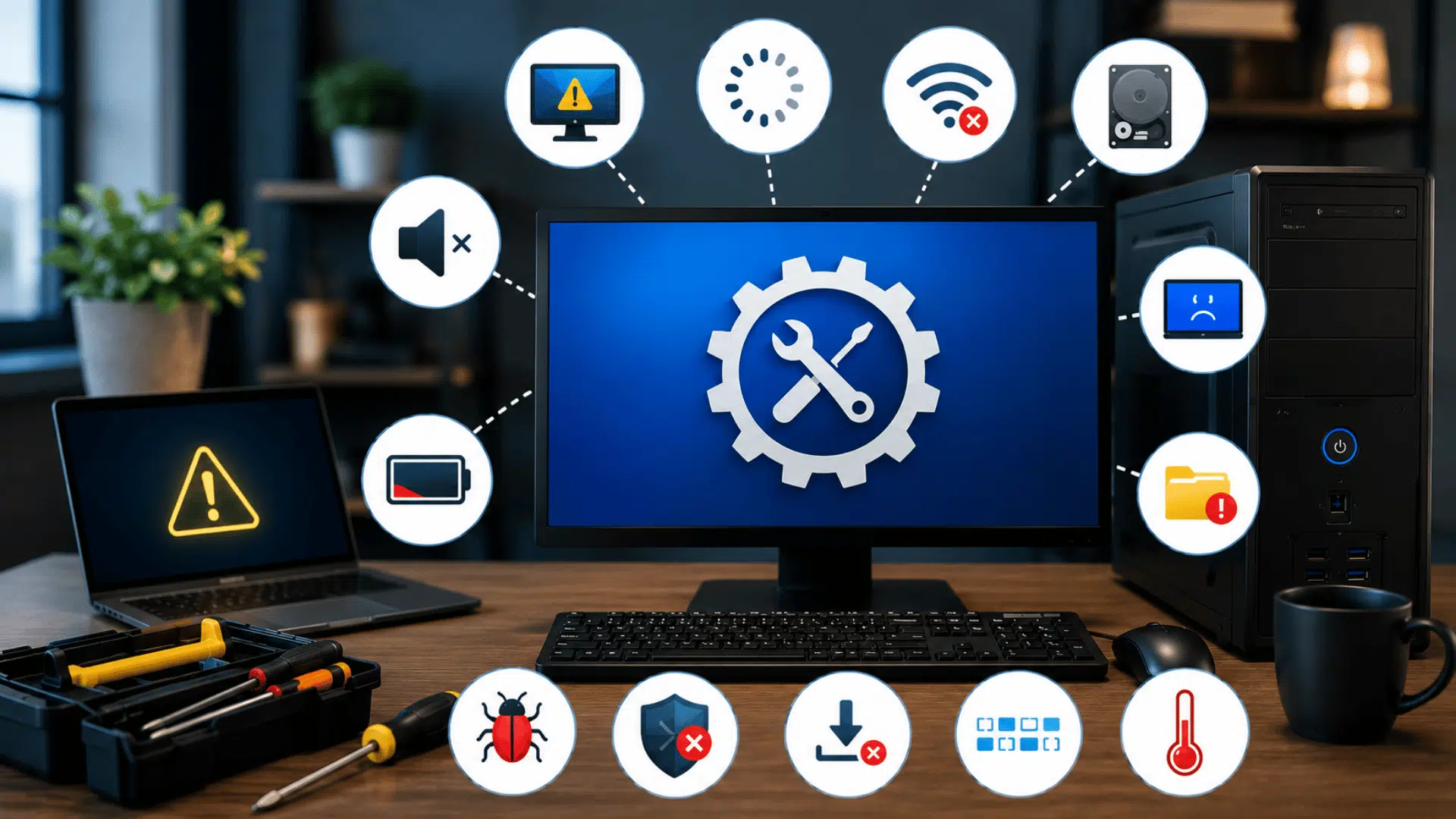 computer troubleshooting workspace with repair tools and icons representing common hardware software and network issues