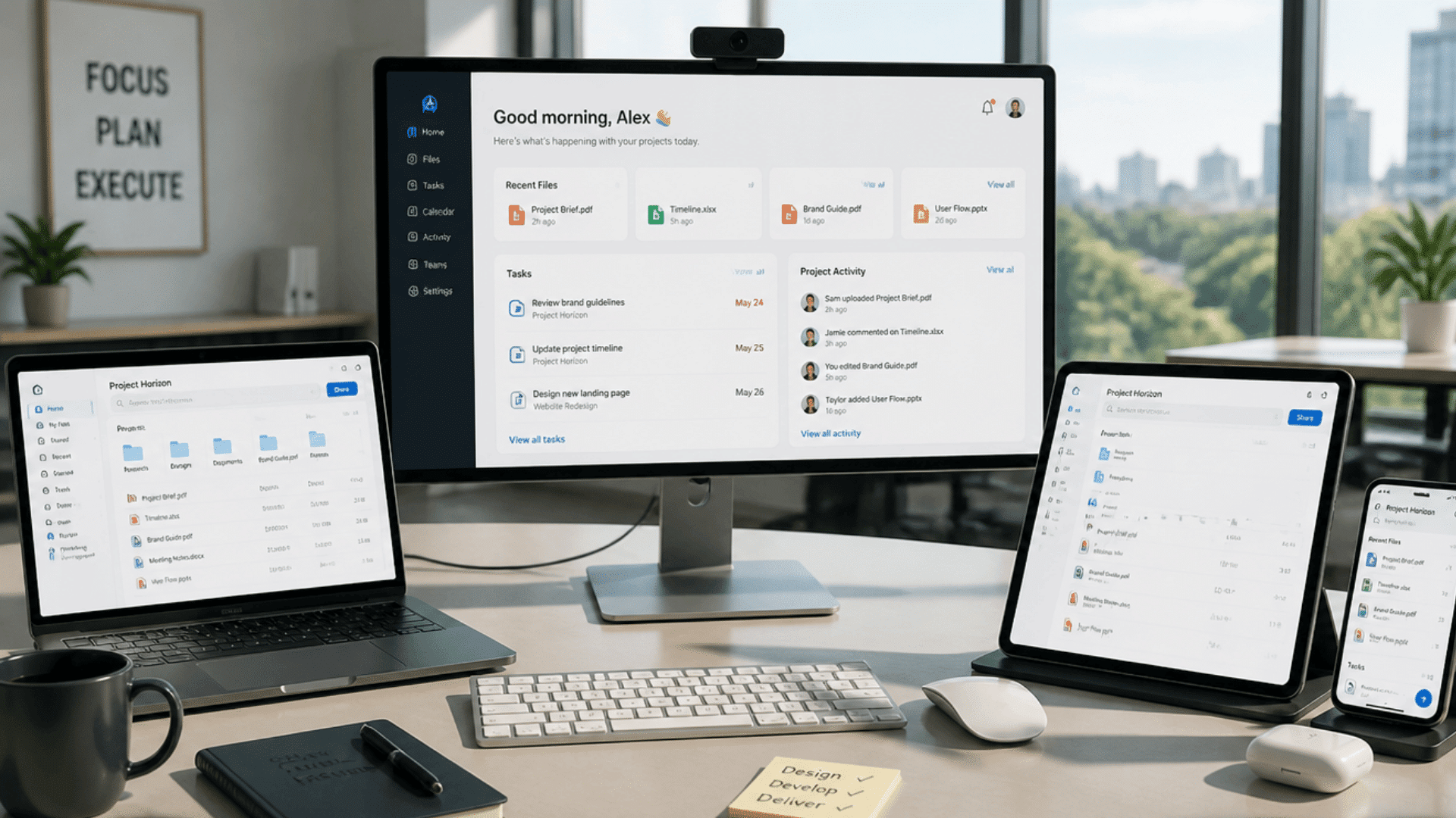 connected workplace systems showing communication tools cloud platforms and secure business operations across screens