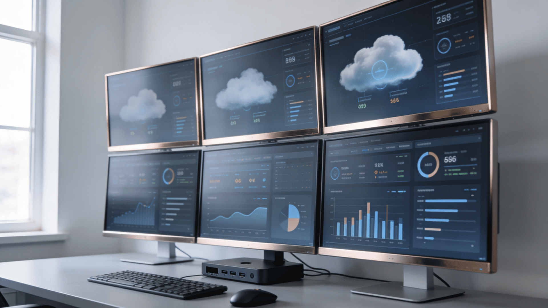 connected workplace technology setup showing cloud platforms productivity tools and integrated business systems on multiple screens