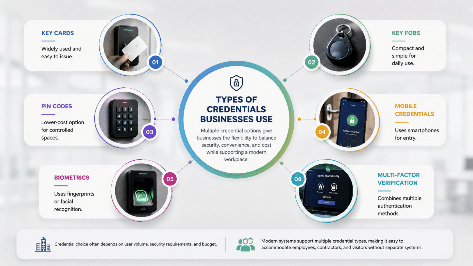 credential infographic showing types of credentials businesses use around central access control system