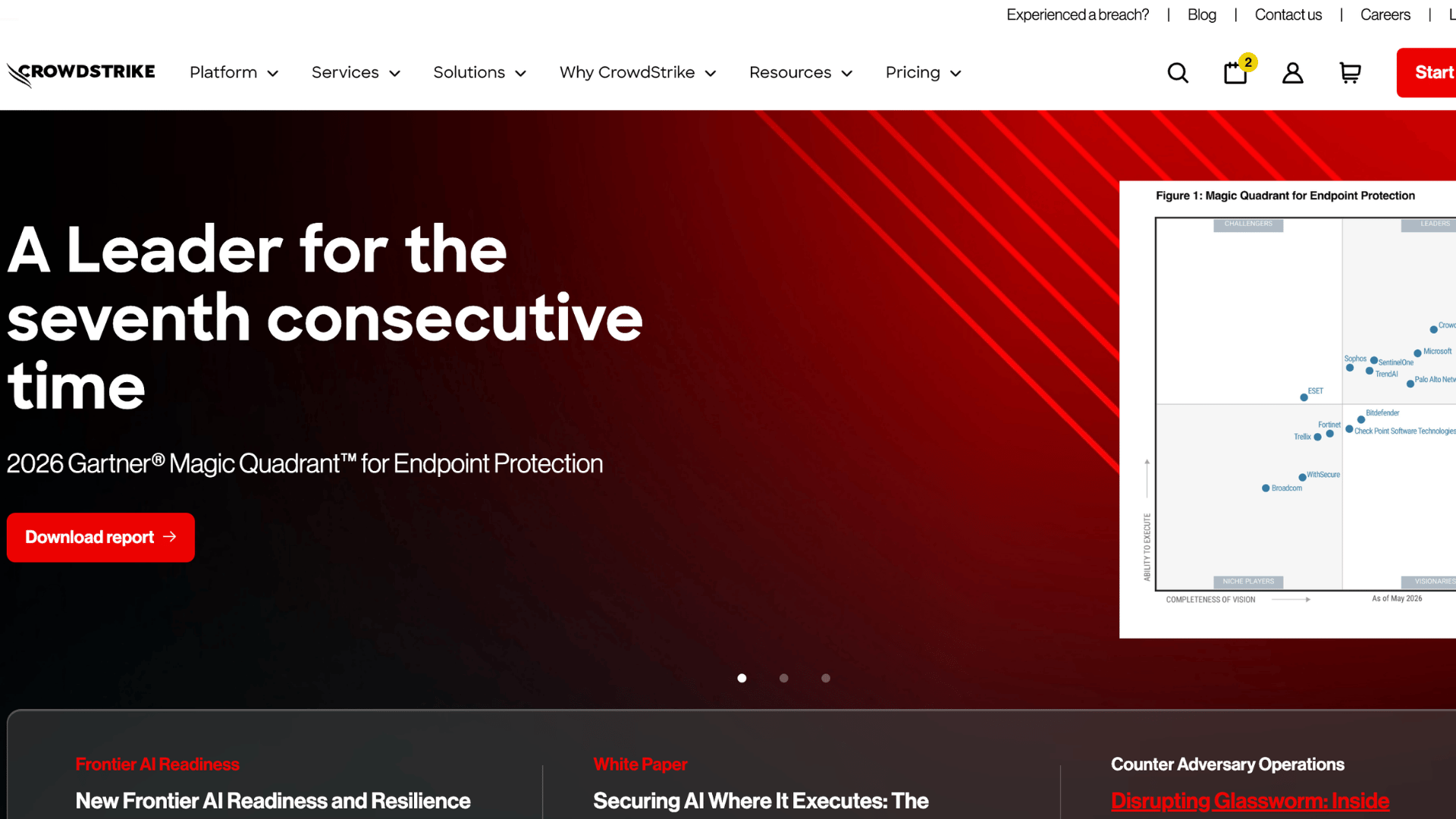 crowdstrike homepage highlighting endpoint protection leadership with gartner report recognition and ai security resources for enterprises