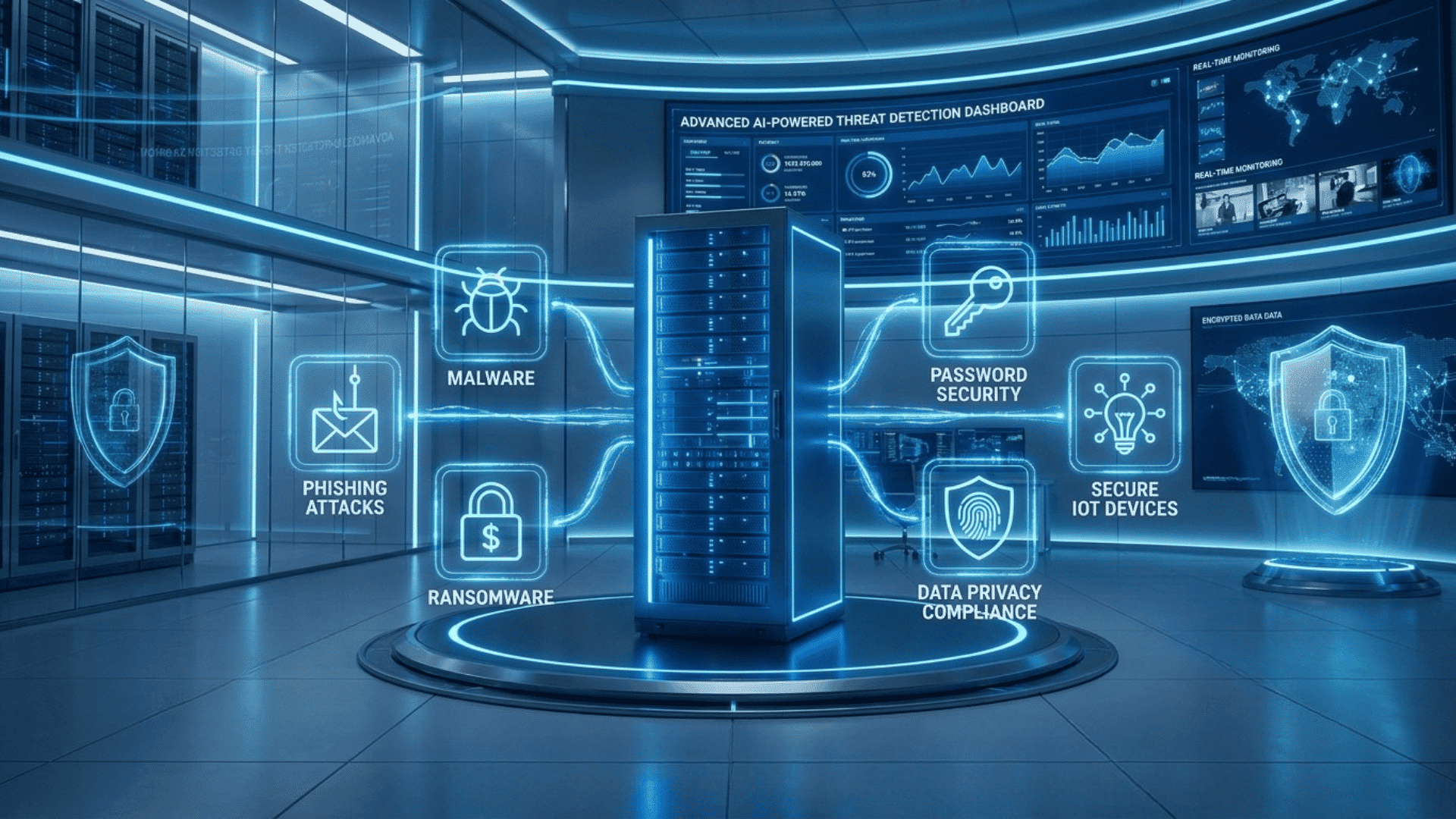 cybersecurity operations center with server rack linked to phishing malware ransomware privacy and security monitoring