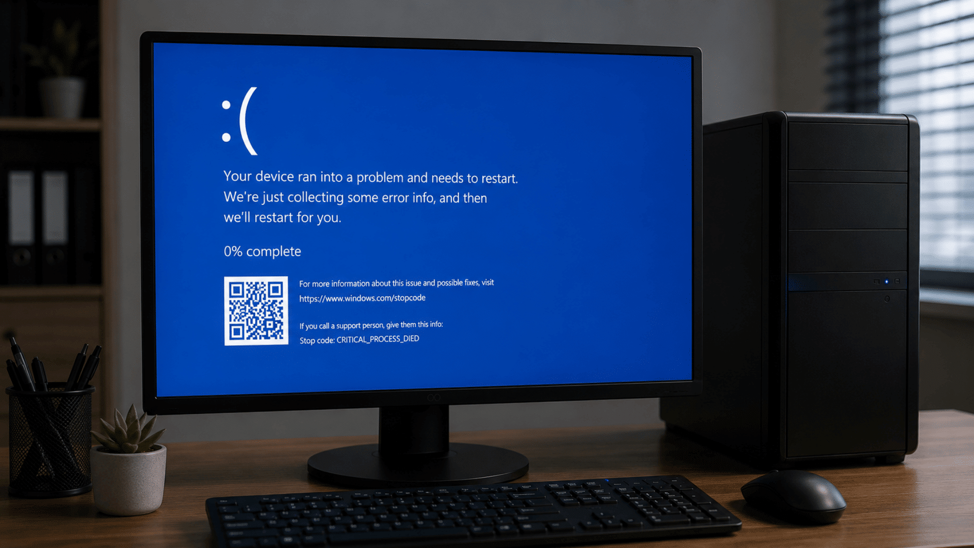 desktop computer displaying a blue error screen indicating a critical system failure requiring restart