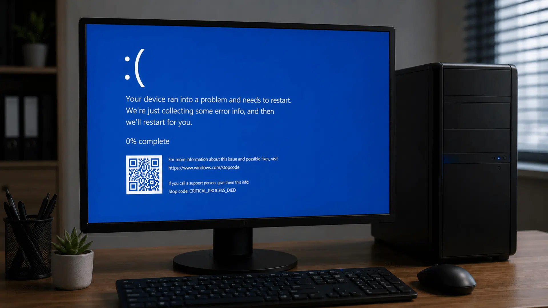 desktop computer displaying a blue error screen indicating a critical system failure requiring restart