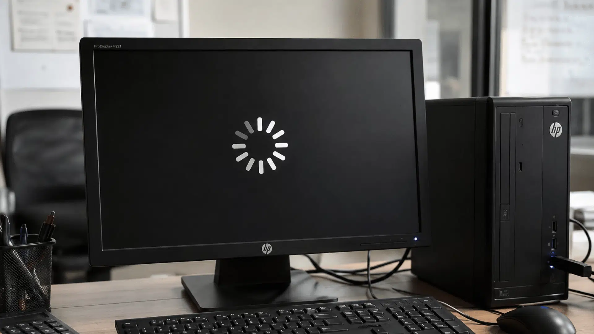 desktop computer showing a loading screen on a monitor indicating slow system performance in an office setup