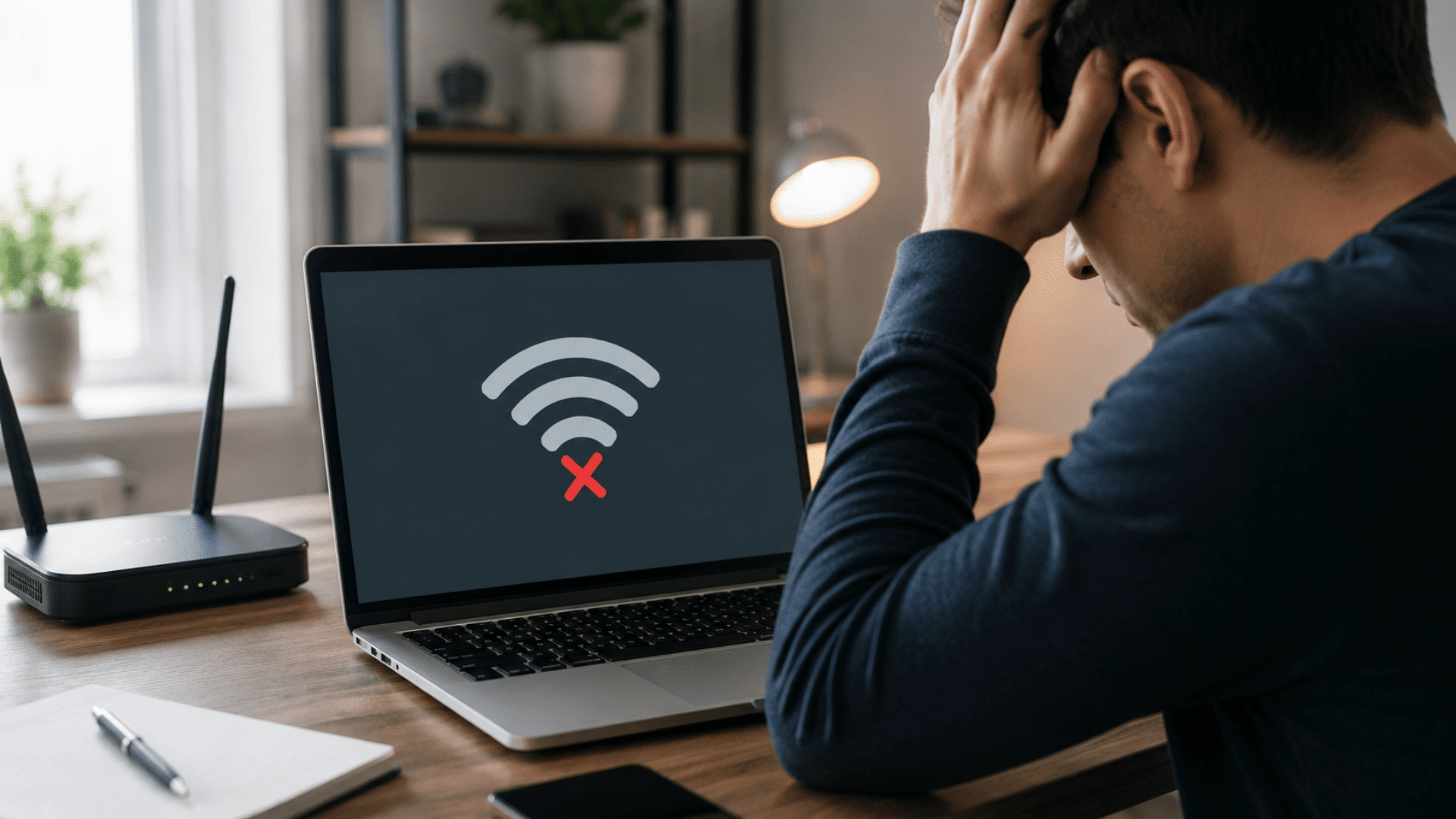 desktop computer showing stalled web loading with weak network signal indicating a slow internet connection
