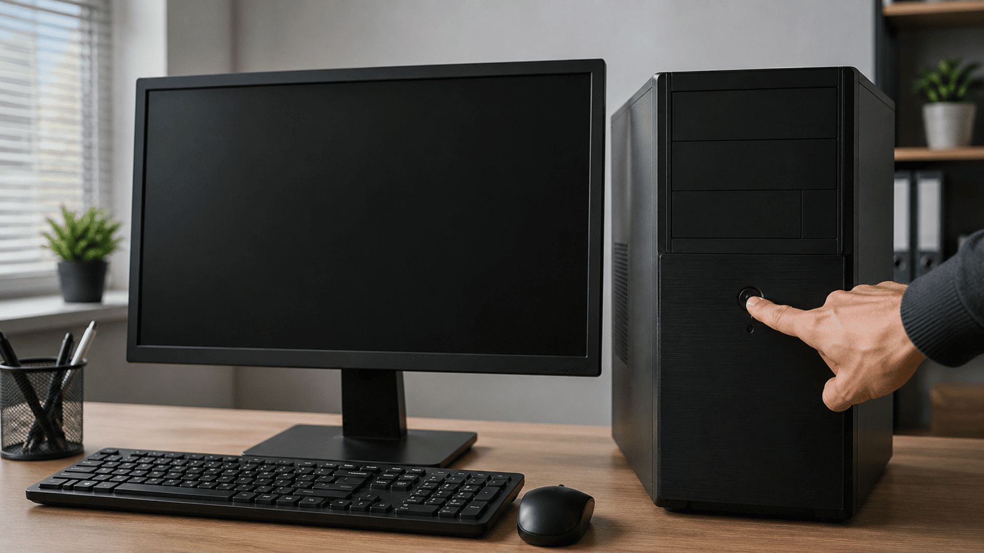 desktop computer with a blank monitor while a hand presses the power button showing startup failure