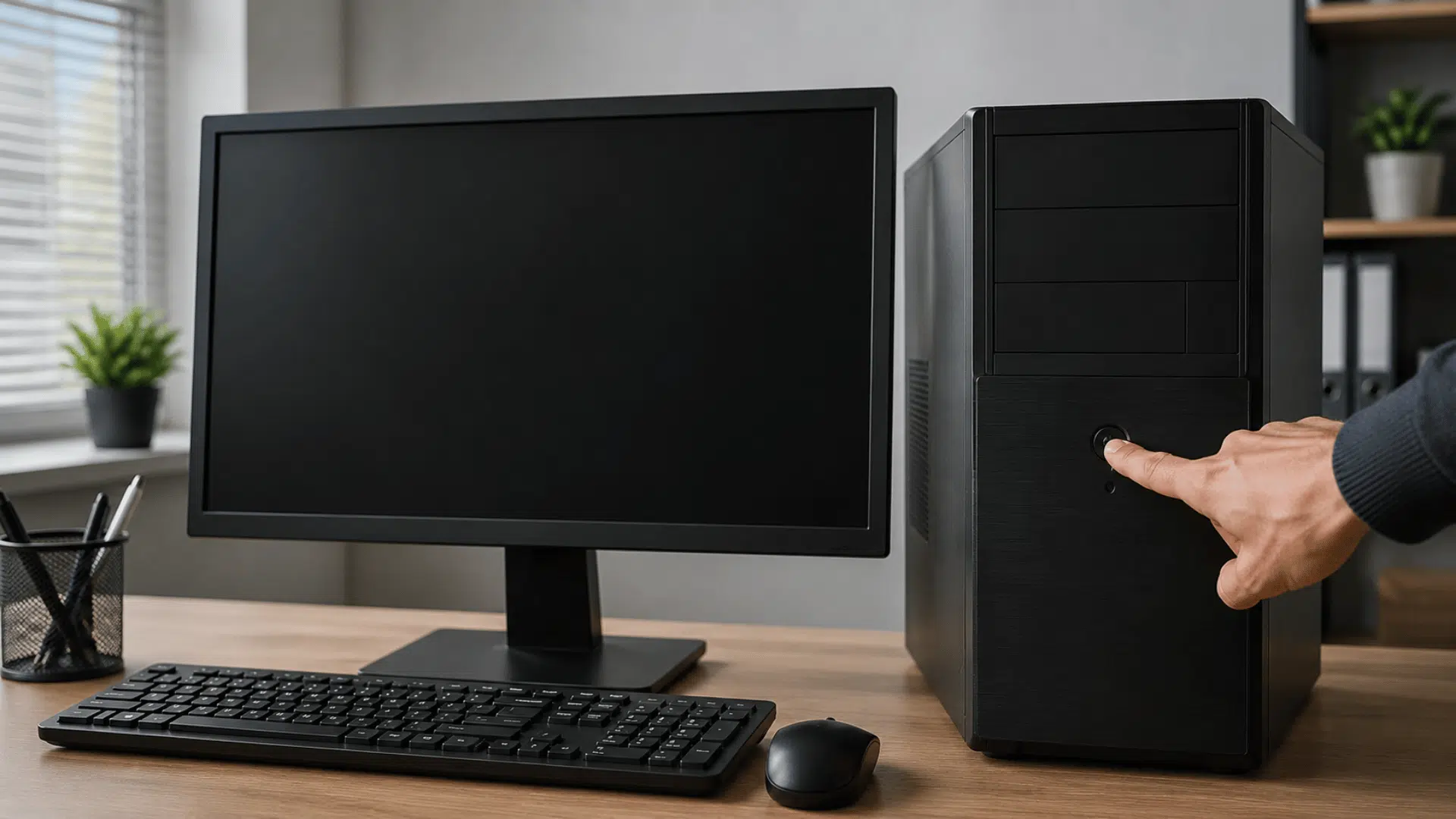 desktop computer with a blank monitor while a hand presses the power button showing startup failure