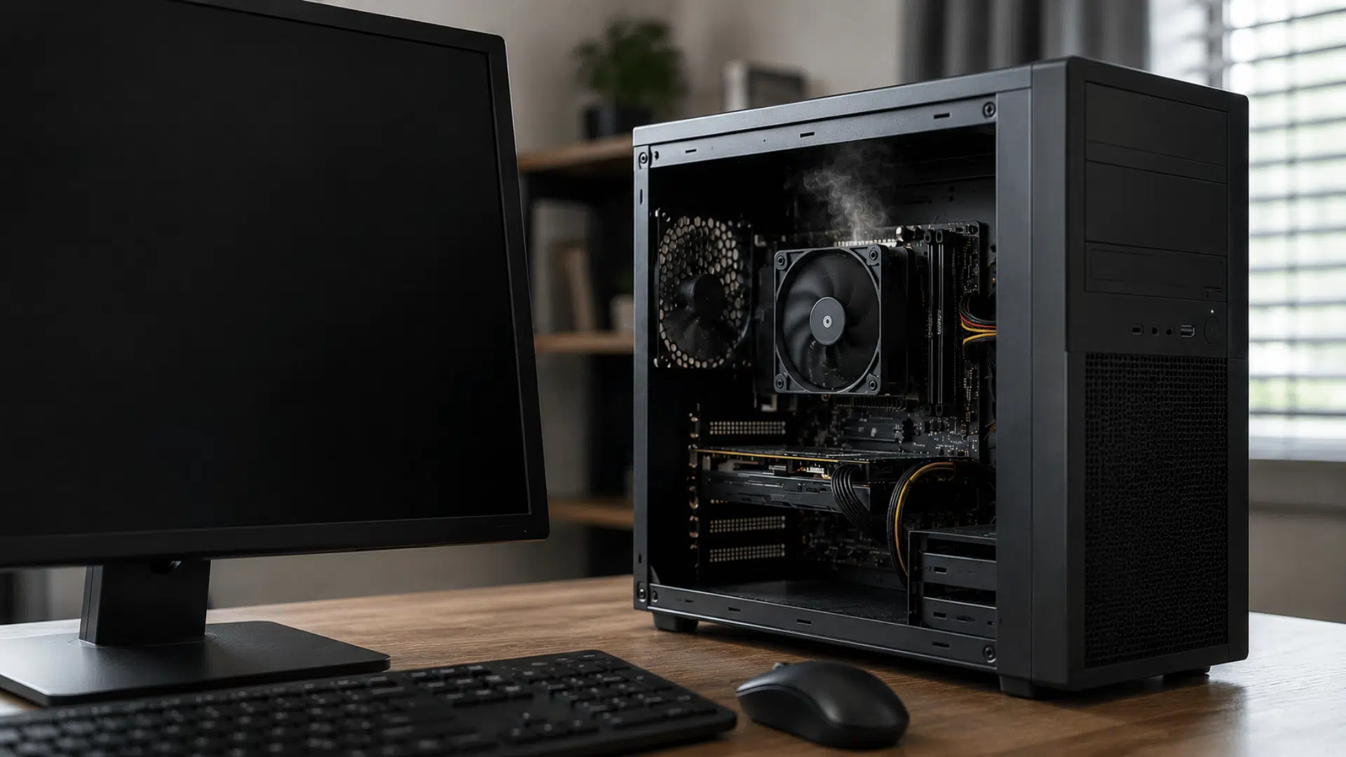 desktop computer with an open case showing visible heat buildup and light smoke from internal components