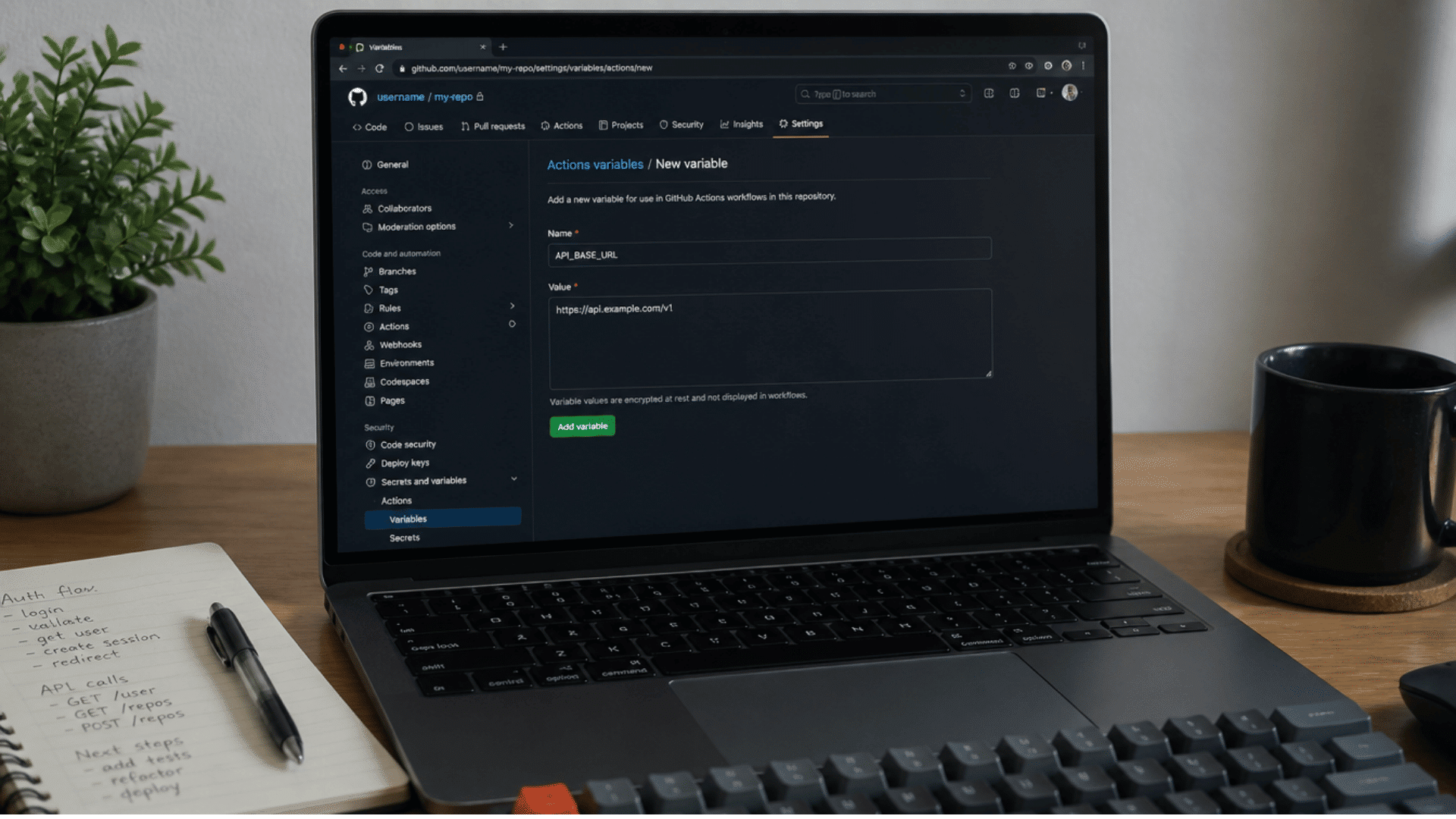 developer laptop displaying github repository settings path for creating actions variables with step by step setup process