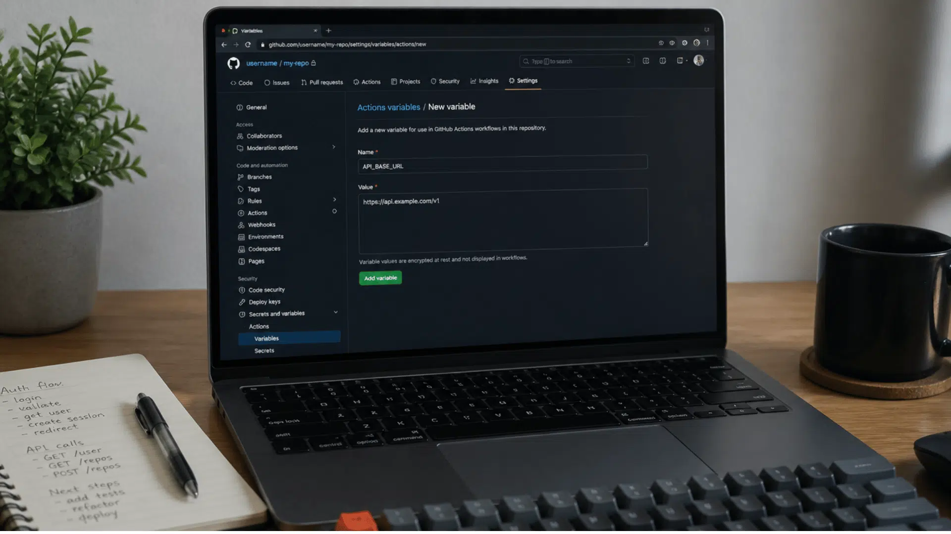 developer laptop displaying github repository settings path for creating actions variables with step by step setup process