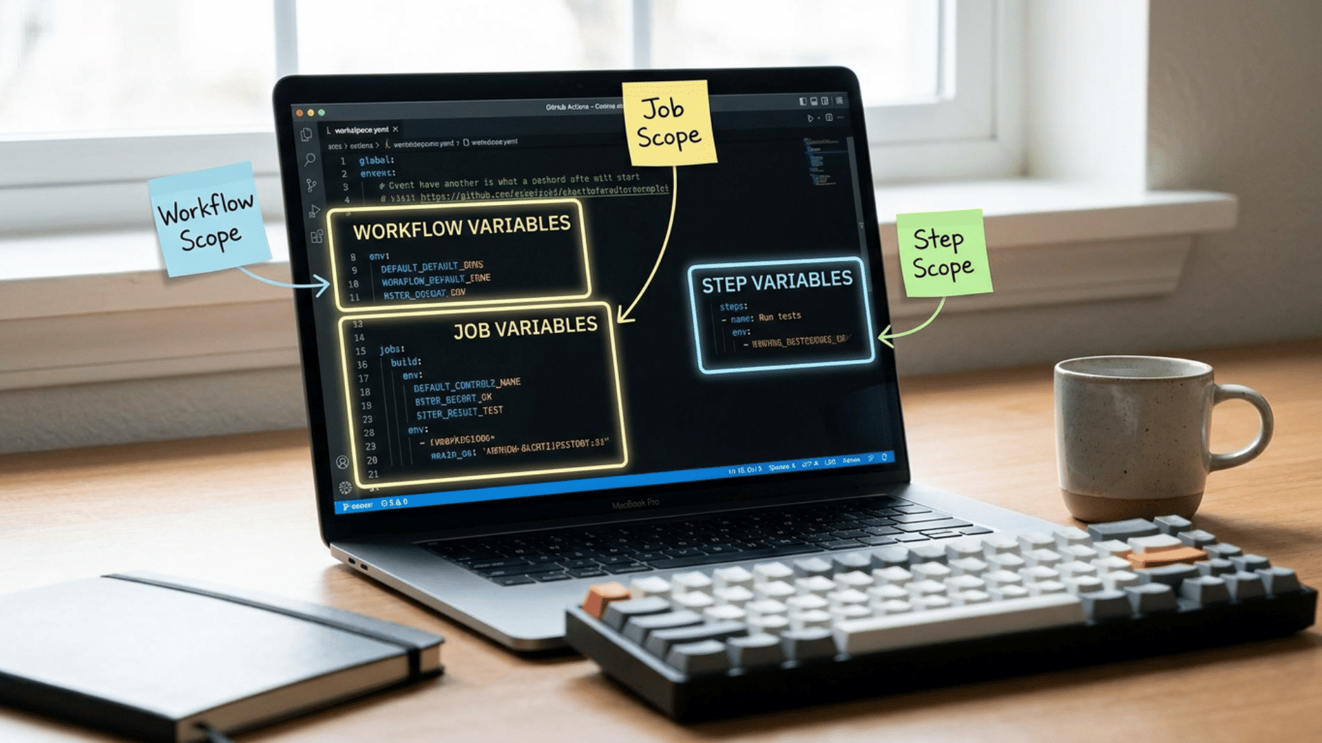 developer workspace showing github actions yaml workflow with workflow level job level and step level variables on screen