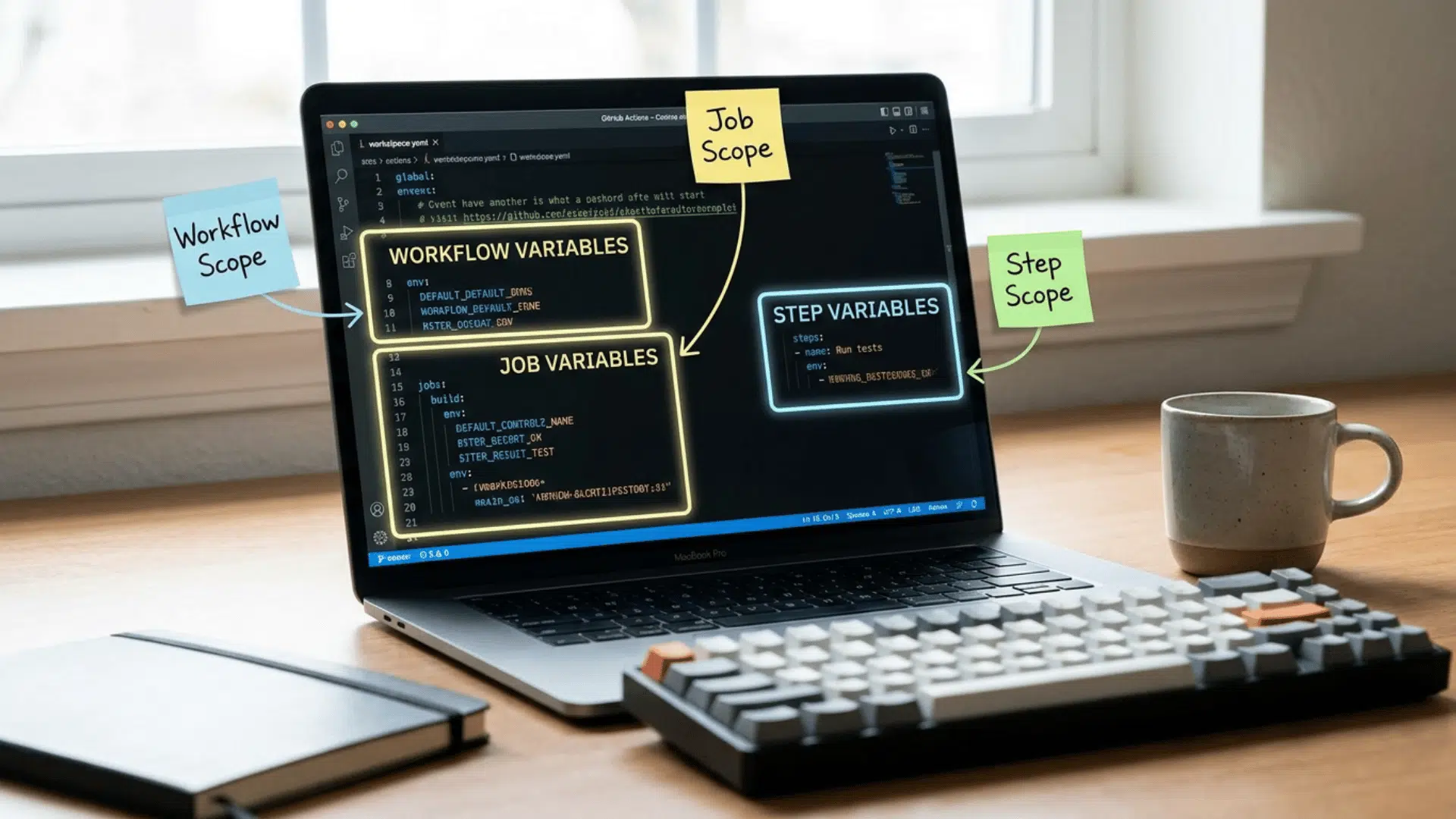 developer workspace showing github actions yaml workflow with workflow level job level and step level variables on screen