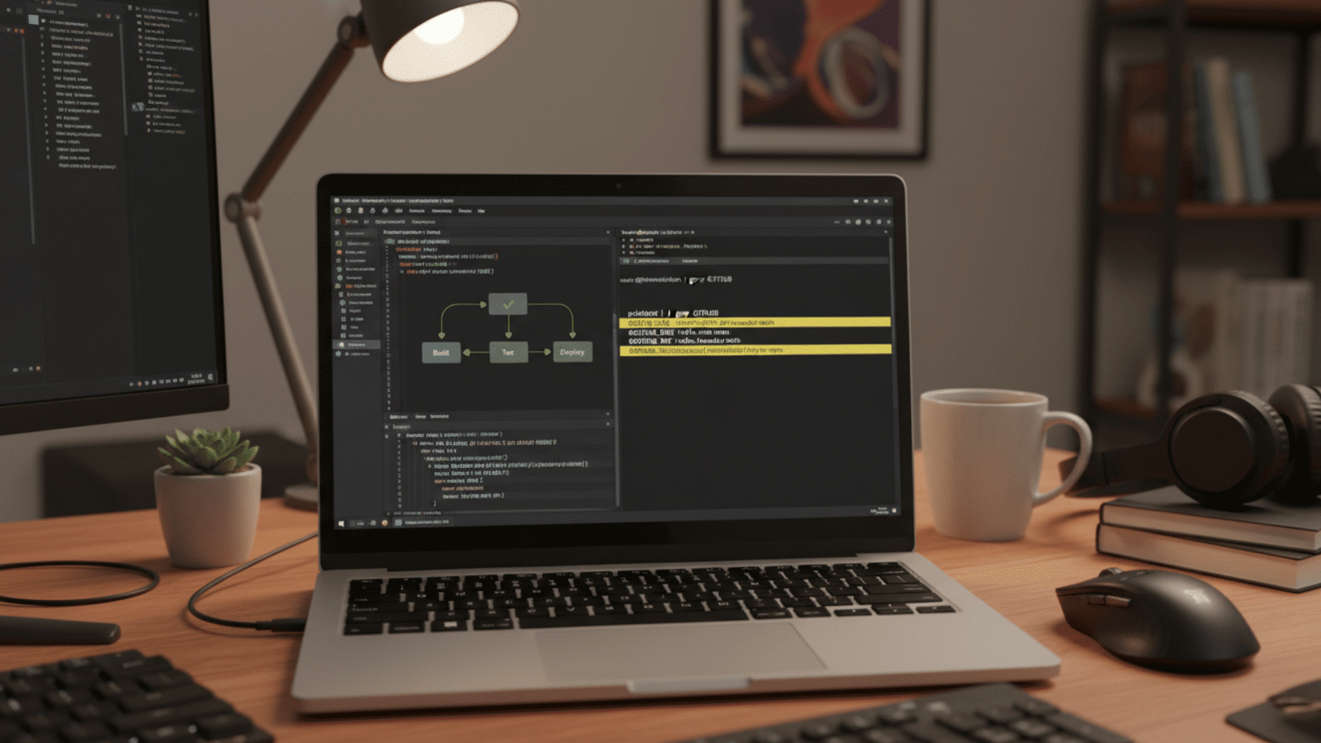 developer workstation showing github actions workflow output with default variables commit hash branch reference repository path and workspace directory