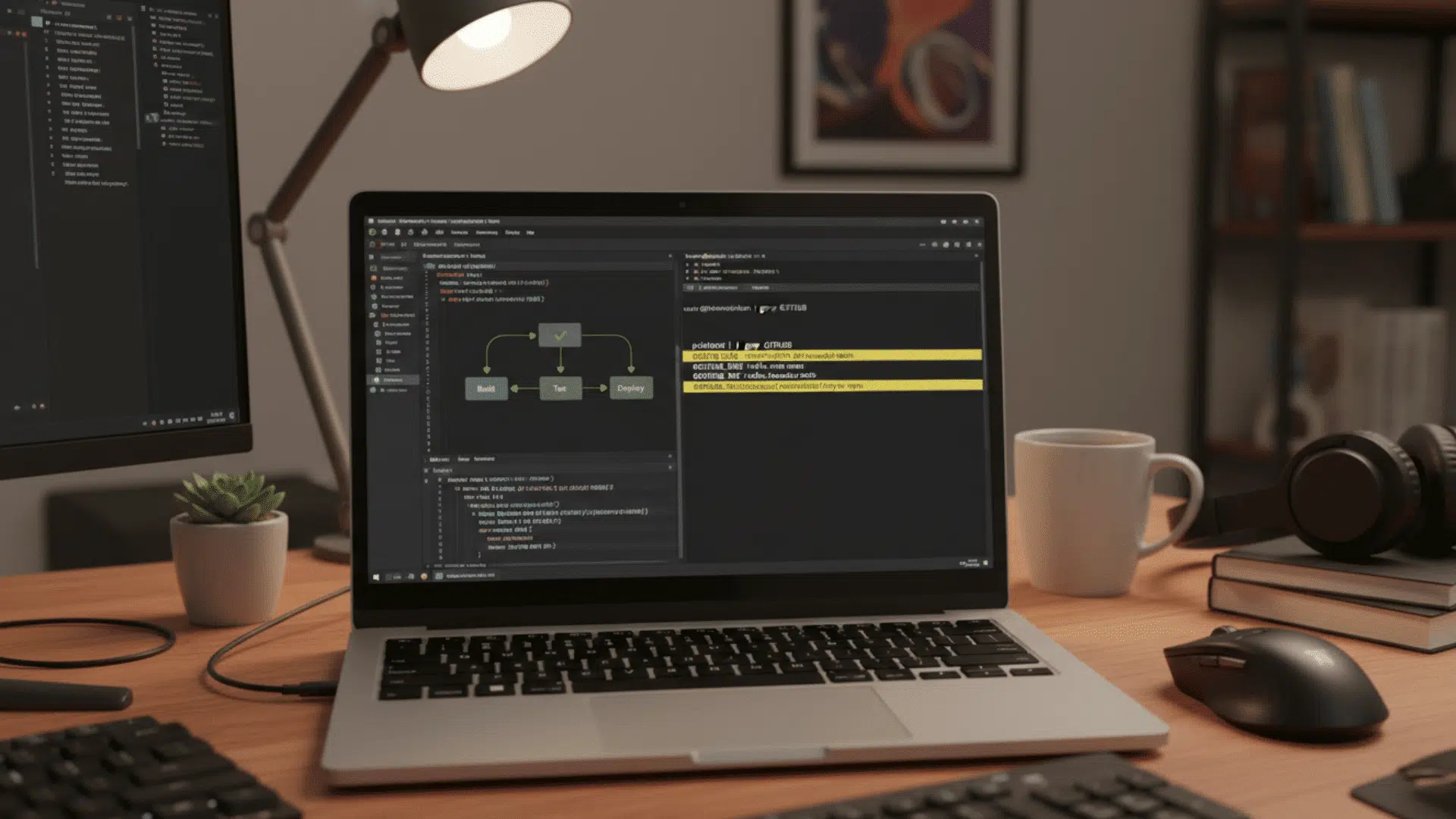 developer workstation showing github actions workflow output with default variables commit hash branch reference repository path and workspace directory
