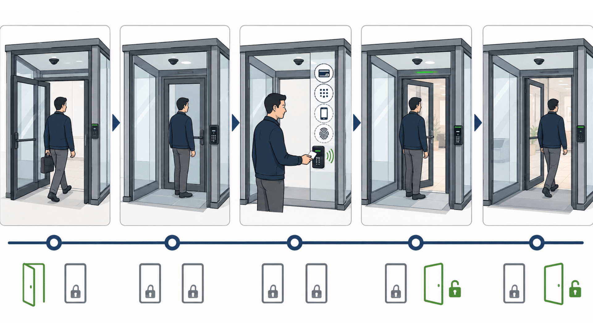 diagram showing a person entering a secure vestibule verifying access credentials and entering through a second door