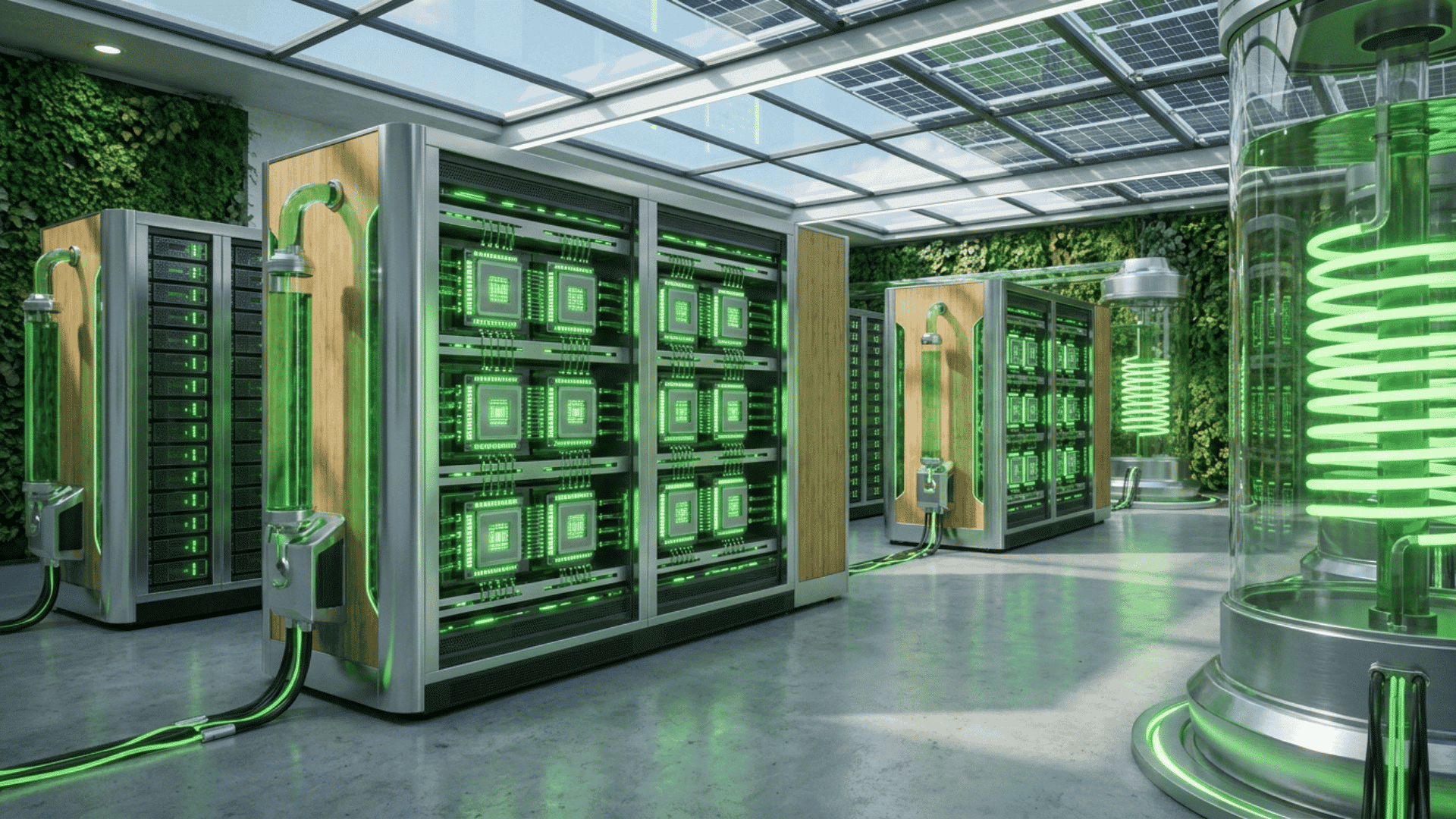 eco friendly data center with green illuminated server racks renewable energy systems and living plant walls indoors