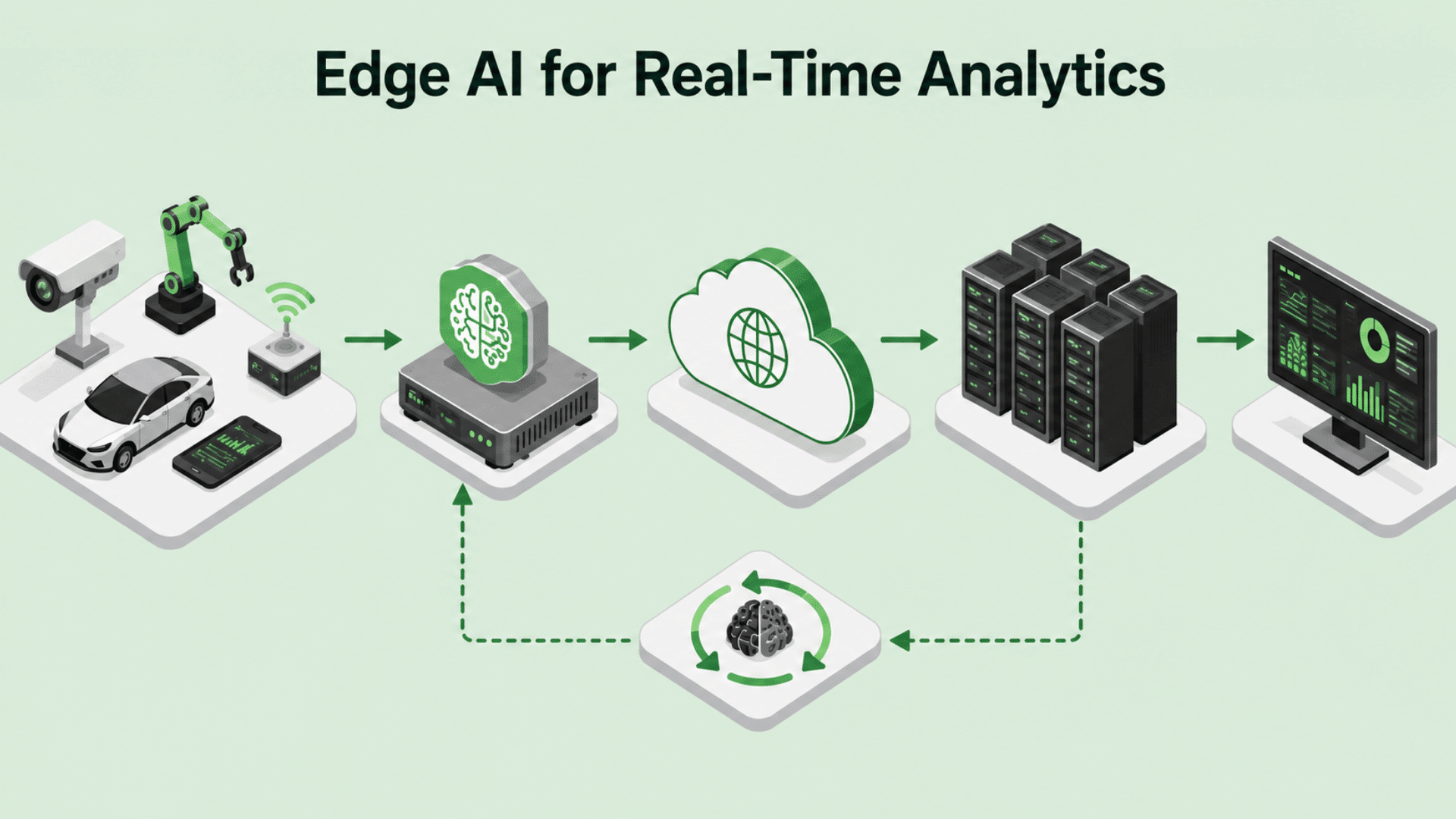 edge ai workflow showing cameras robots cars and sensors sending data through cloud to analytics dashboard