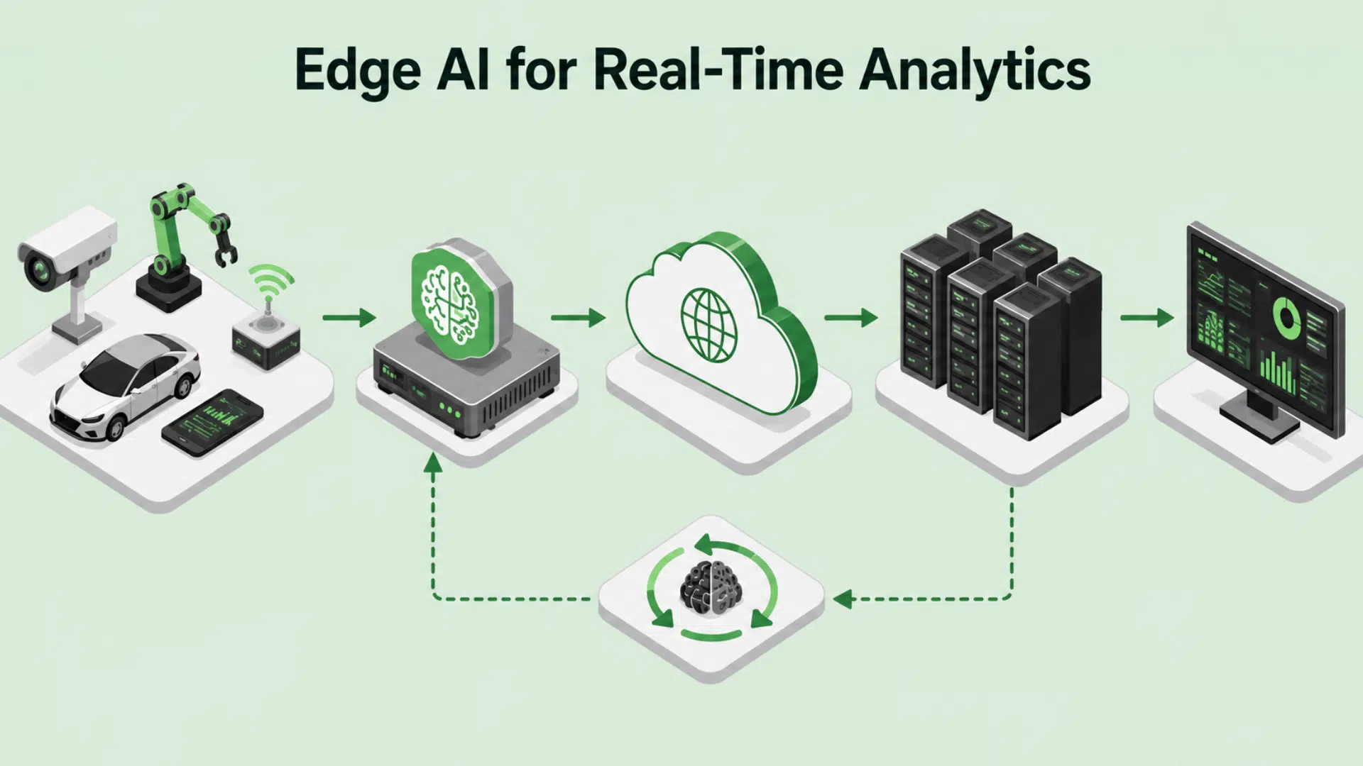 edge ai workflow showing cameras robots cars and sensors sending data through cloud to analytics dashboard