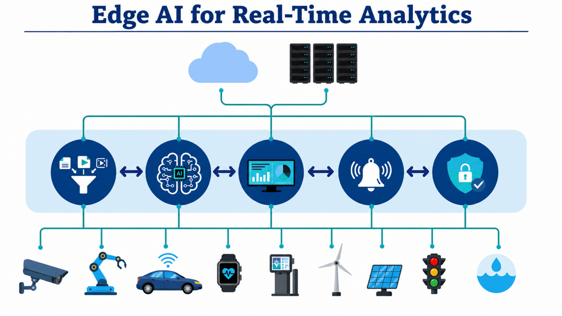 edge ai workflow showing cloud servers analytics alerts security connecting smart devices for real time monitoring
