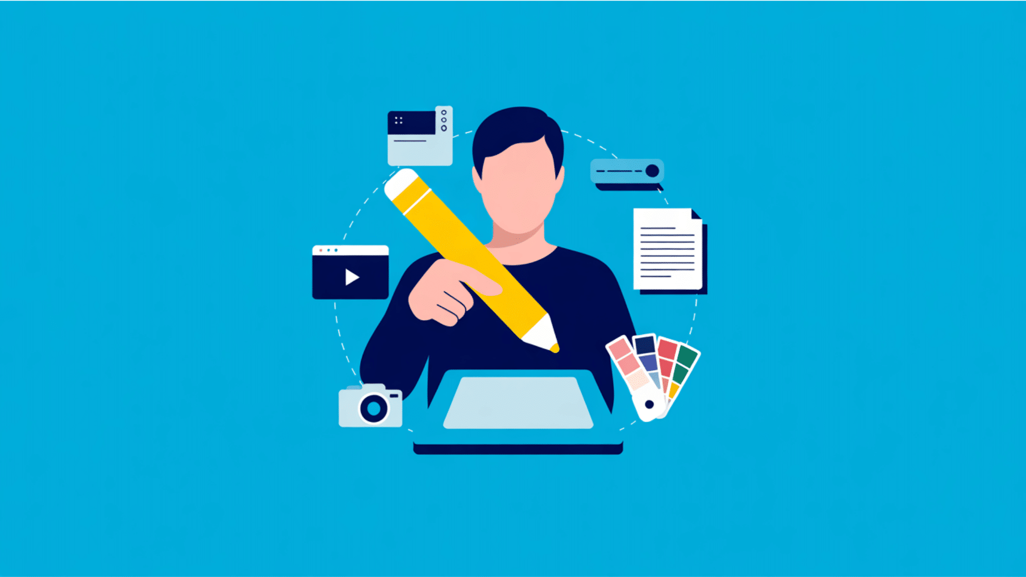 flat design illustration of someone creating digital content using a stylus tablet and media icons