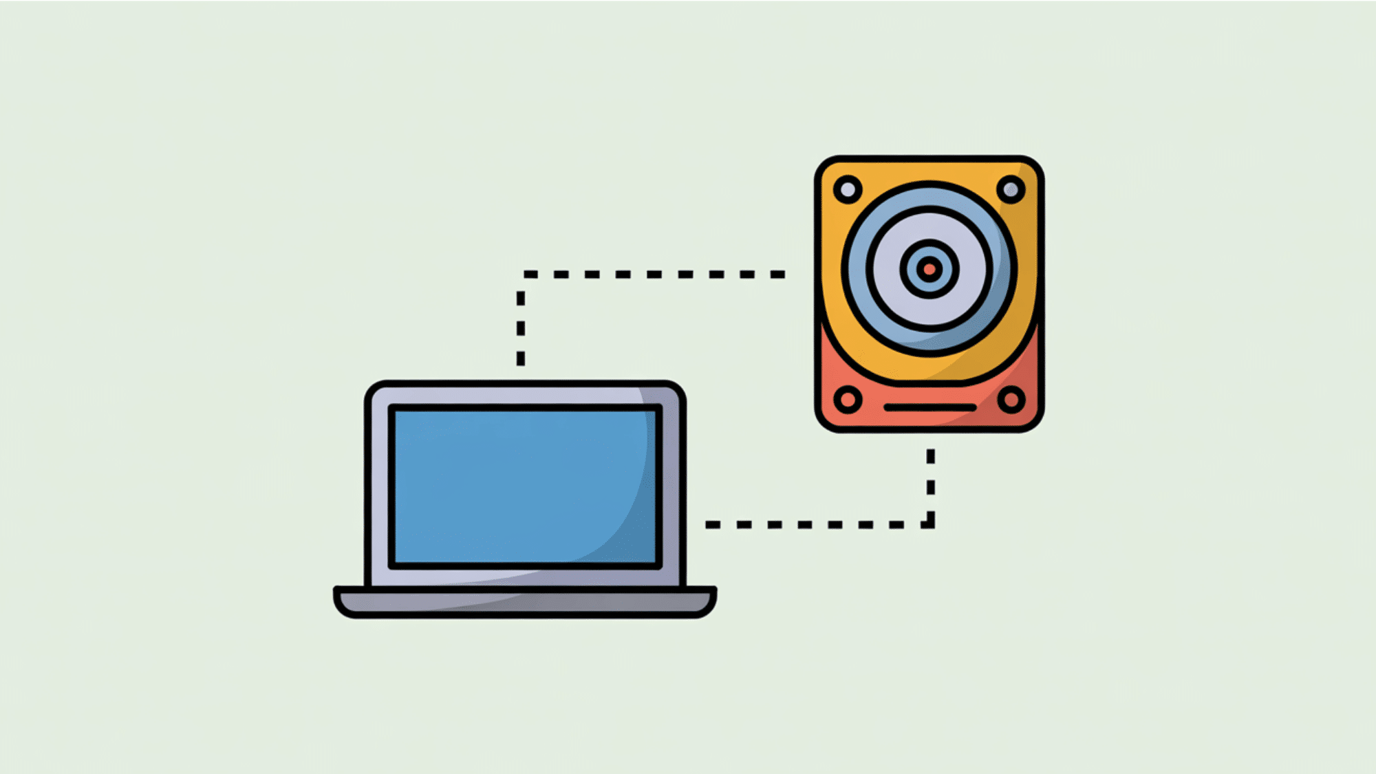 flat design infographic showing a laptop computer connected by a line to a central storage hard drive icon