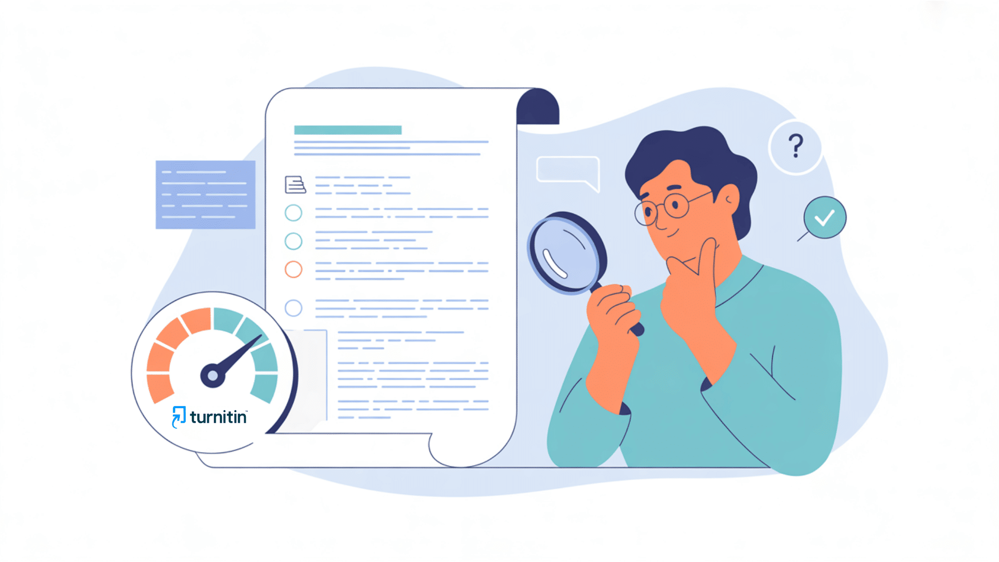 flat illustration of an educator reviewing a turnitin ai detection report with an accuracy gauge and flagged text