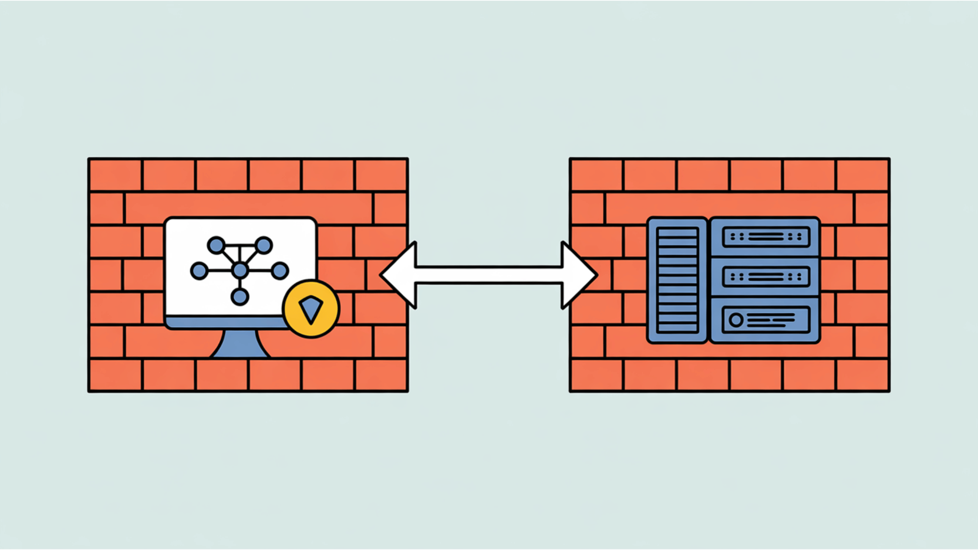 flat layout technical diagram of a network connection passing safely through a firewall icon to a server hub (2)