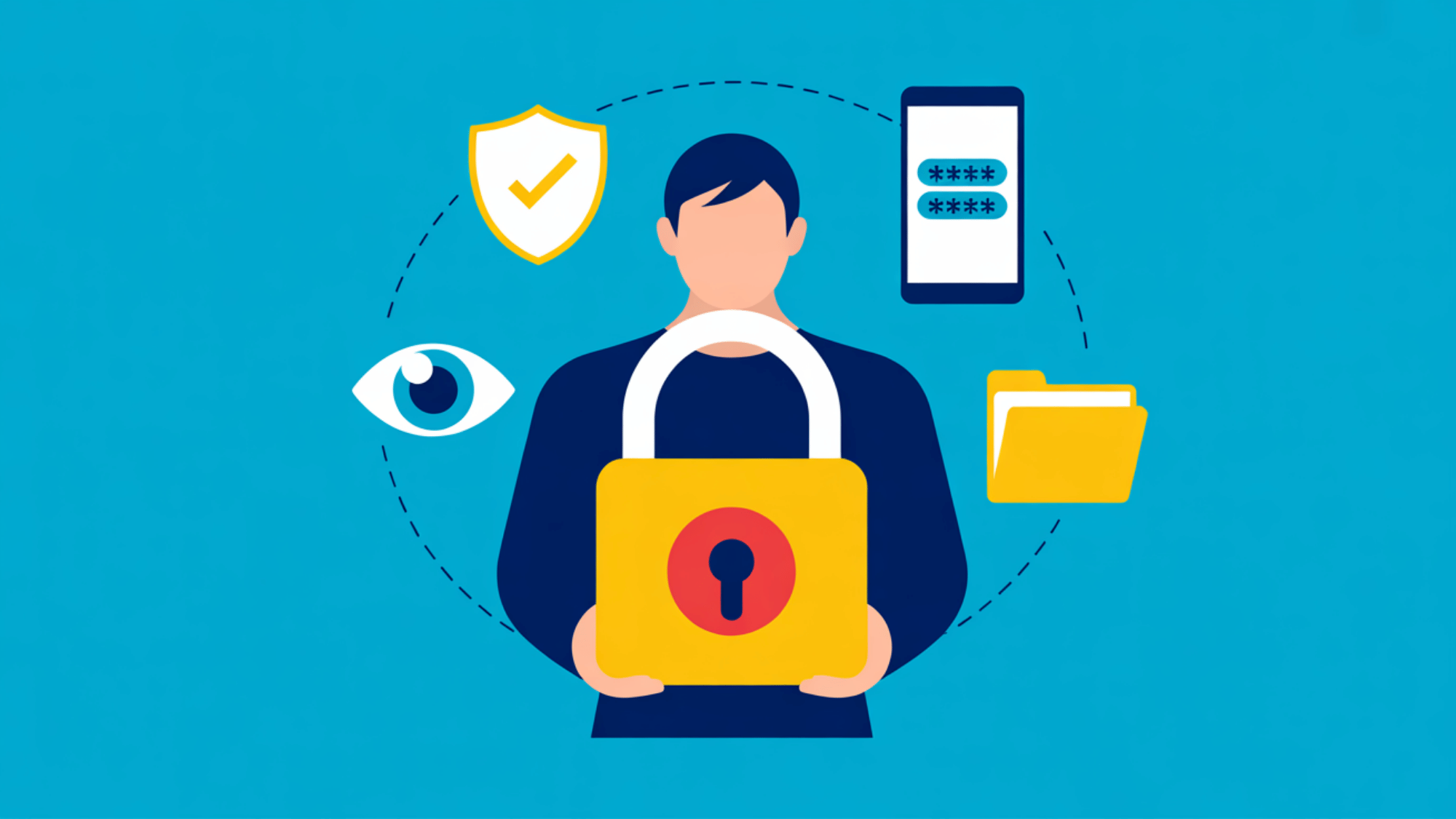 flat vector art of a person holding a padlock surrounded by digital privacy and security shield icons
