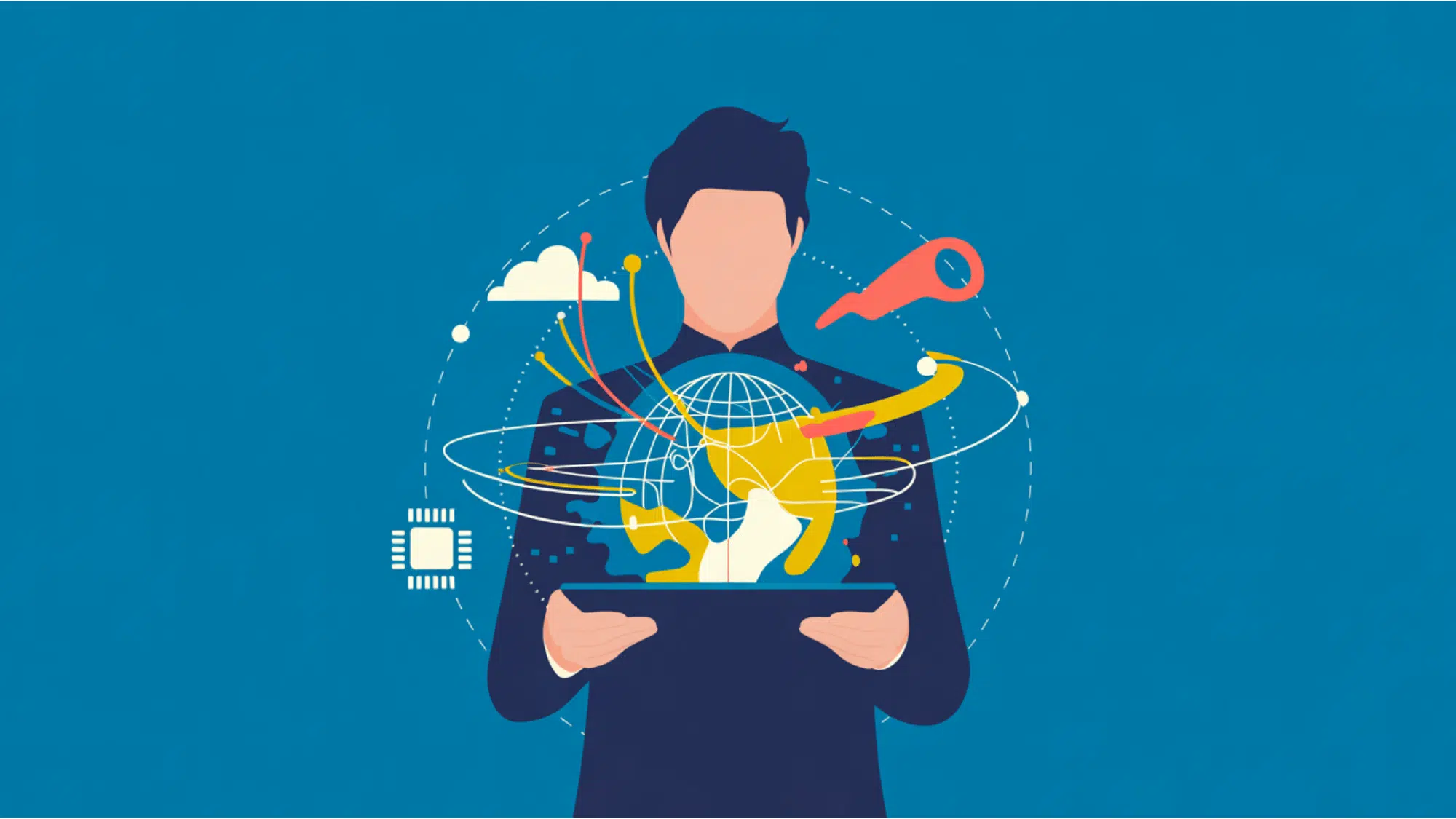 flat vector art of a person holding a tablet projecting a glowing digital network hologram
