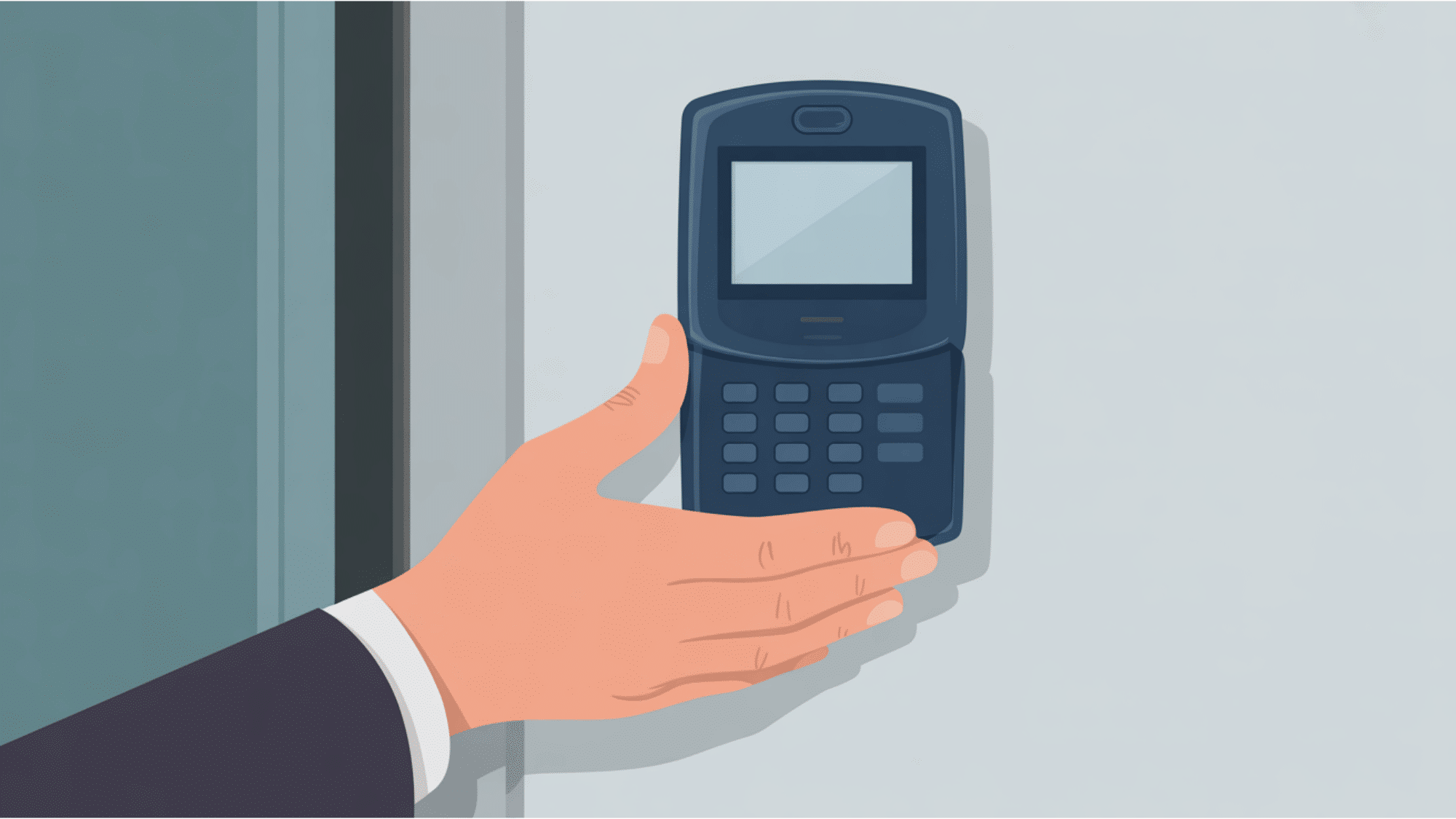 flat vector art showing a hand in a suit sleeve placing a dark blue biometric access reader onto a light grey wall