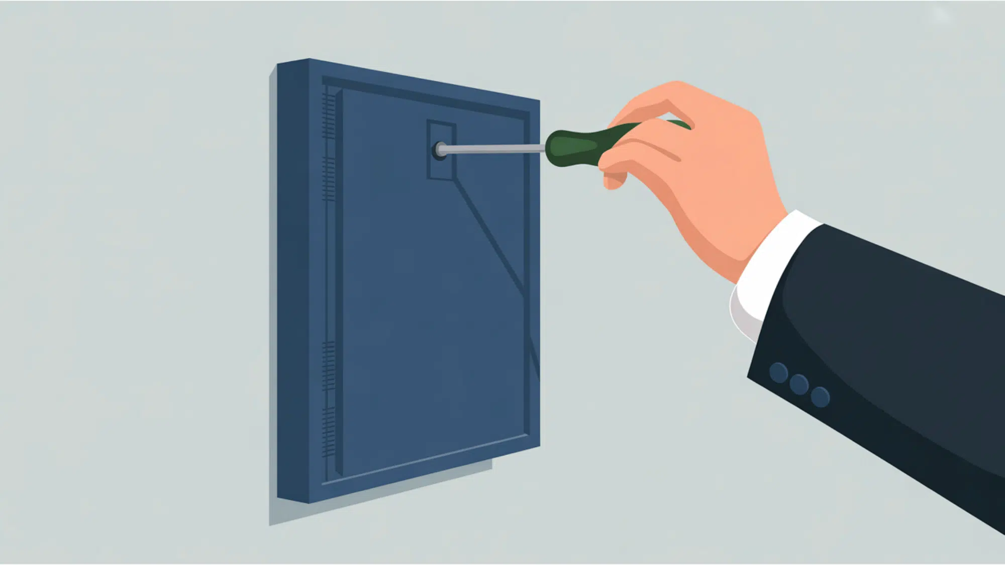 flat vector graphic showing a hand using a screwdriver to mount a dark blue control panel on a light grey wall