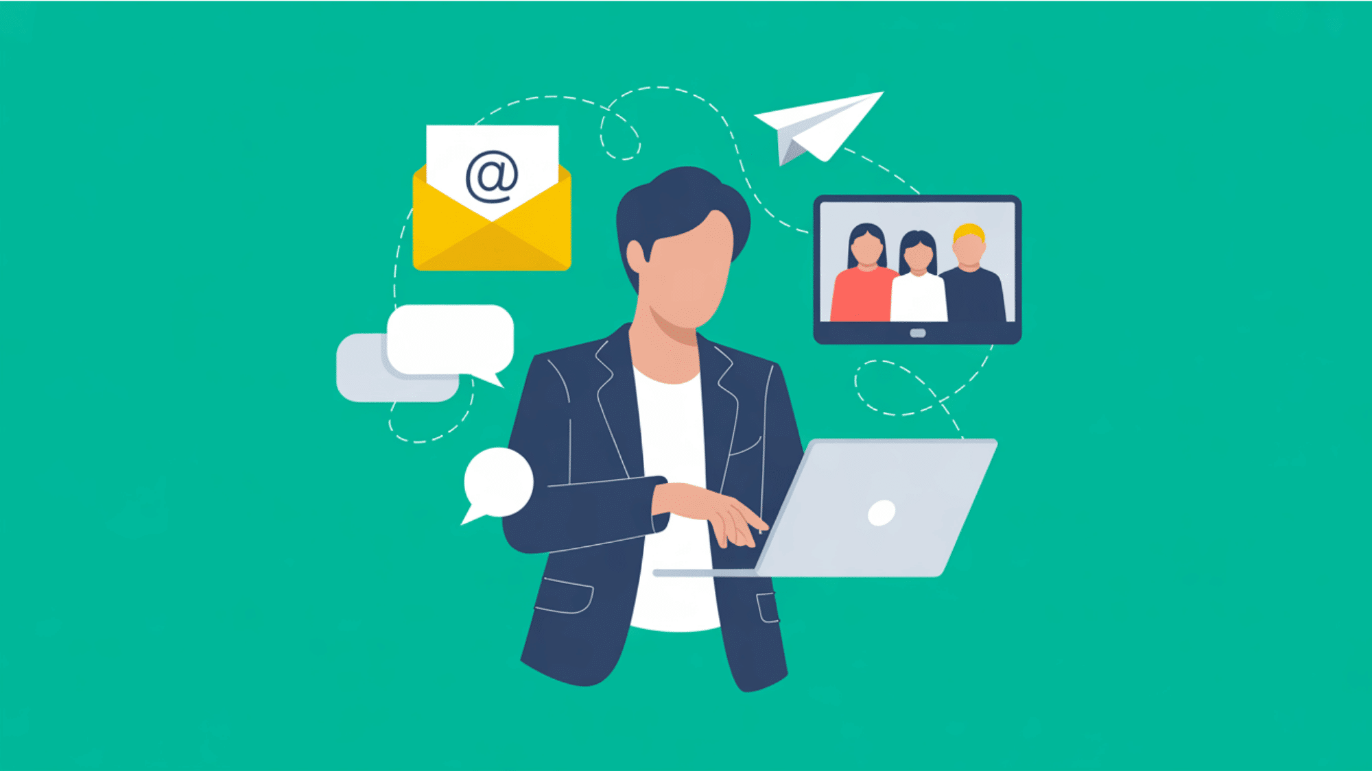 flat vector graphic showing a person using a laptop and digital icons for safe online communication