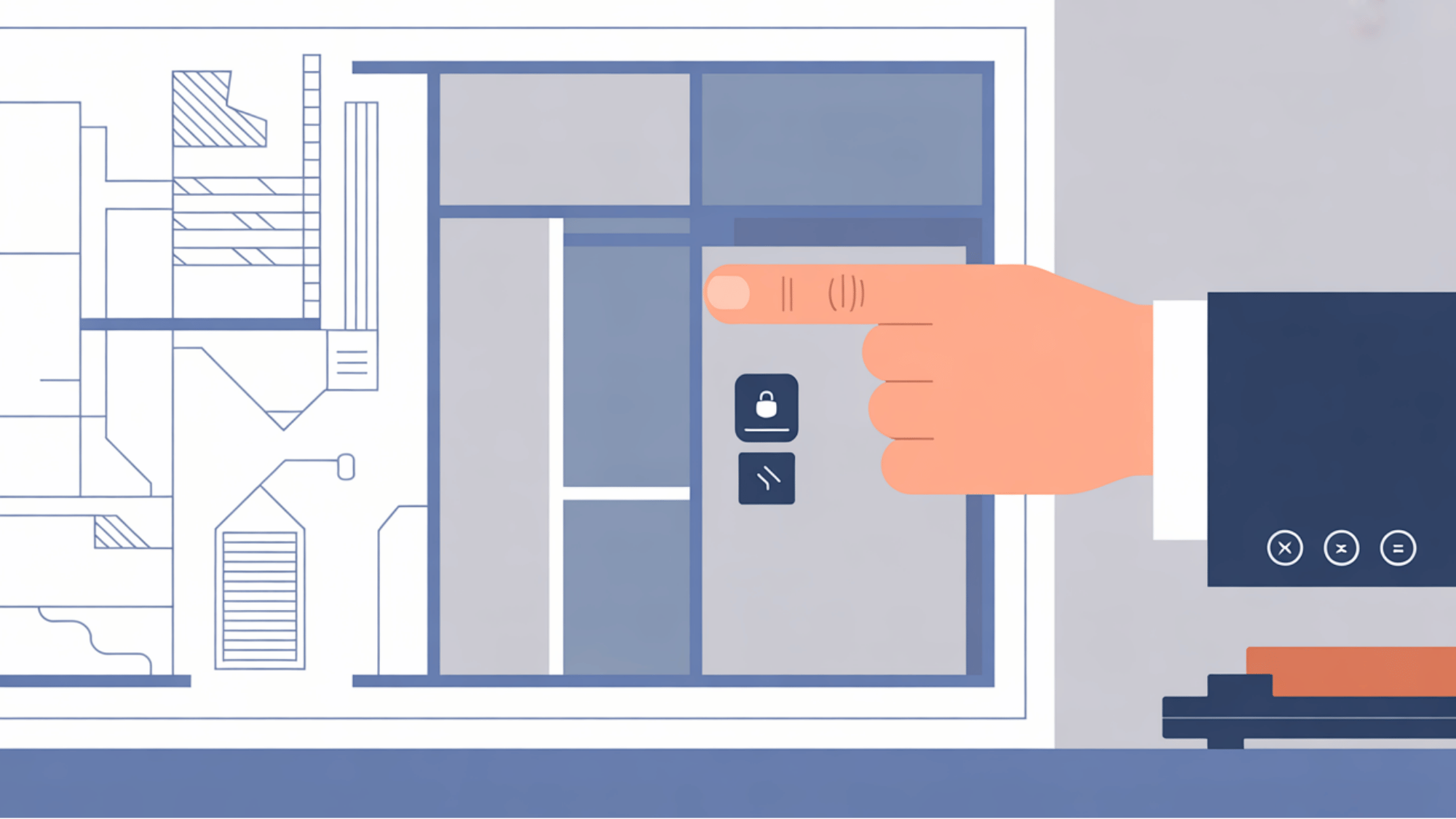 flat vector illustration of a hand pointing to a building blueprint to plan door security device placement