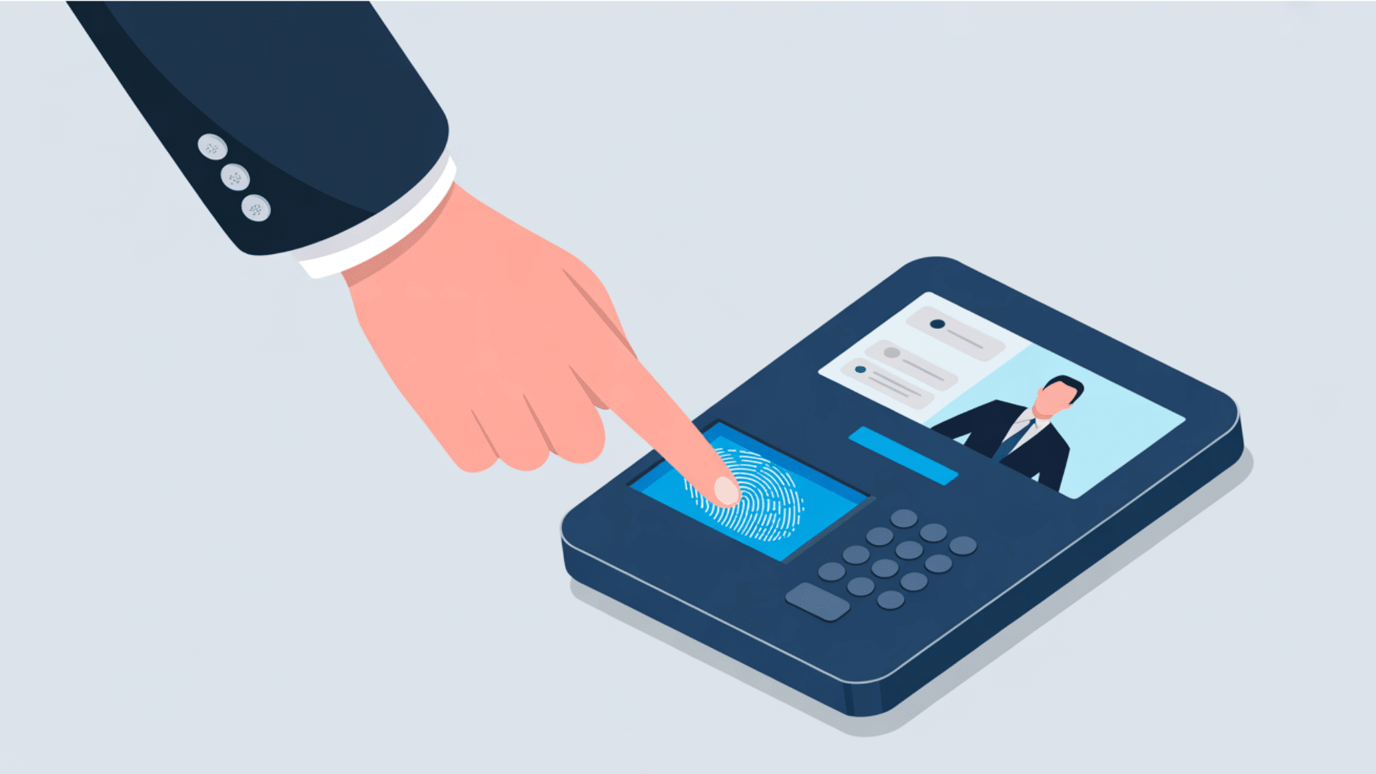 flat vector illustration of a hand pressing a fingerprint scanner on a dark blue biometric access device to test it