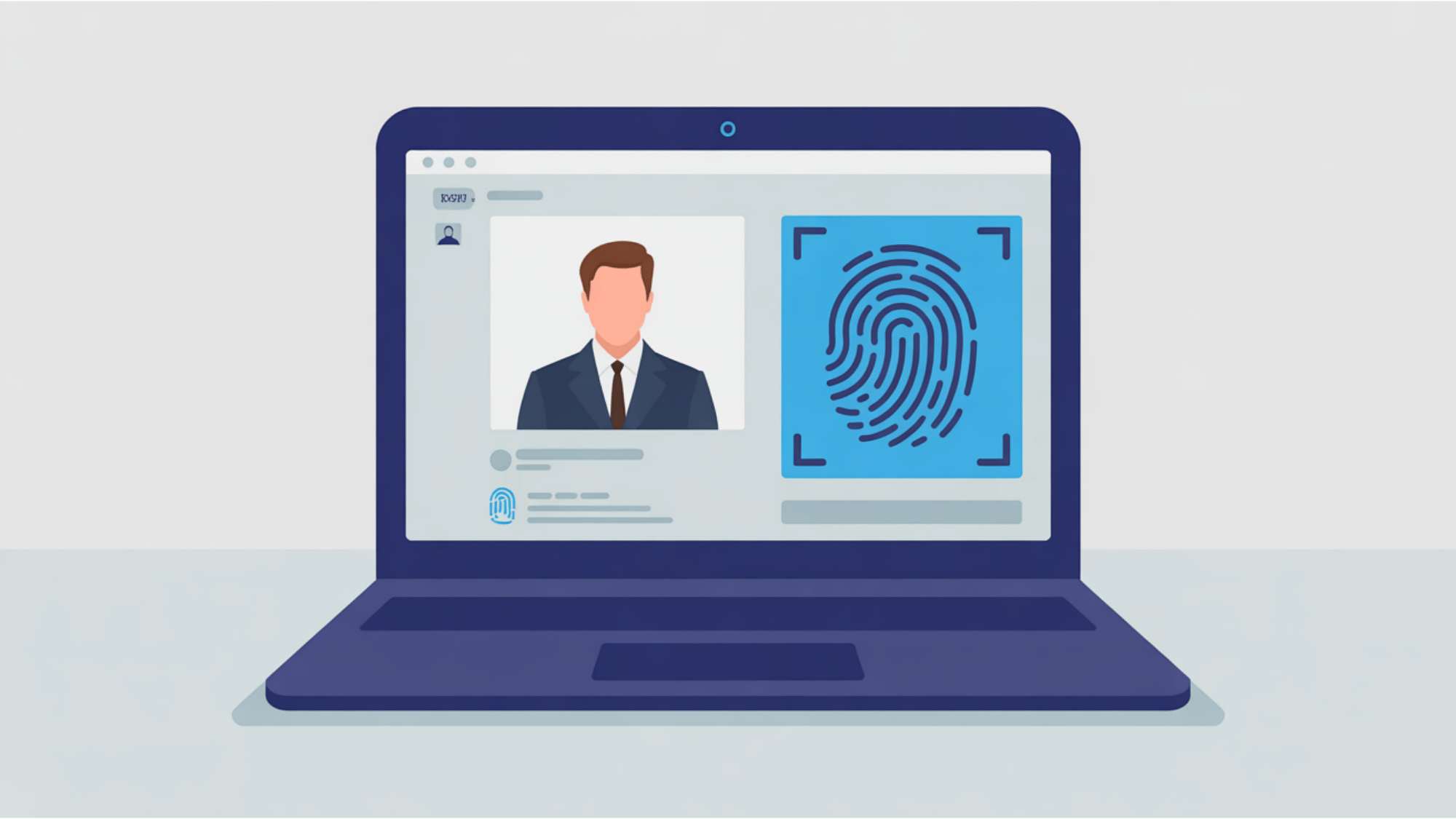 flat vector illustration of a laptop screen displaying a user profile and fingerprint icon for security setup