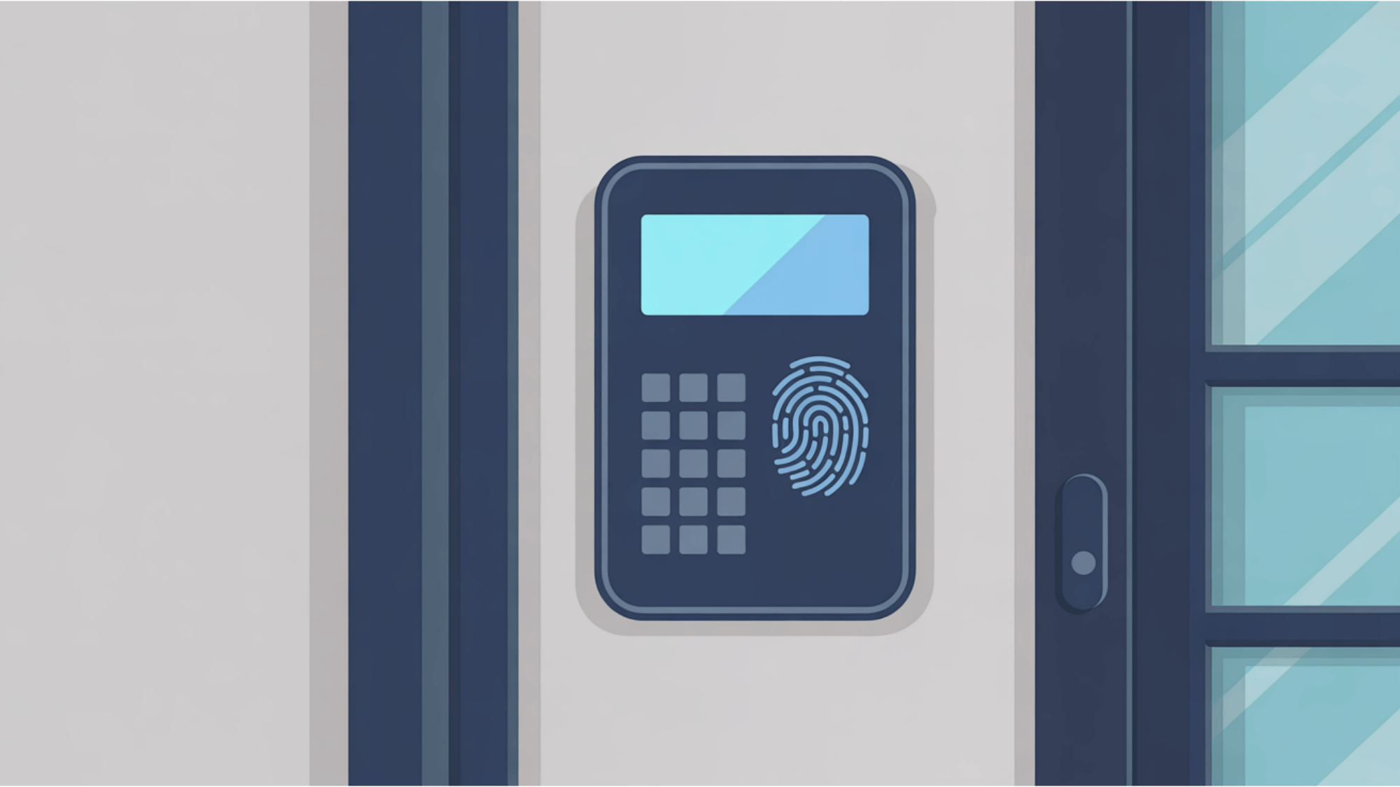 flat vector illustration of a modern access control installation on a grey office wall next to a secure door